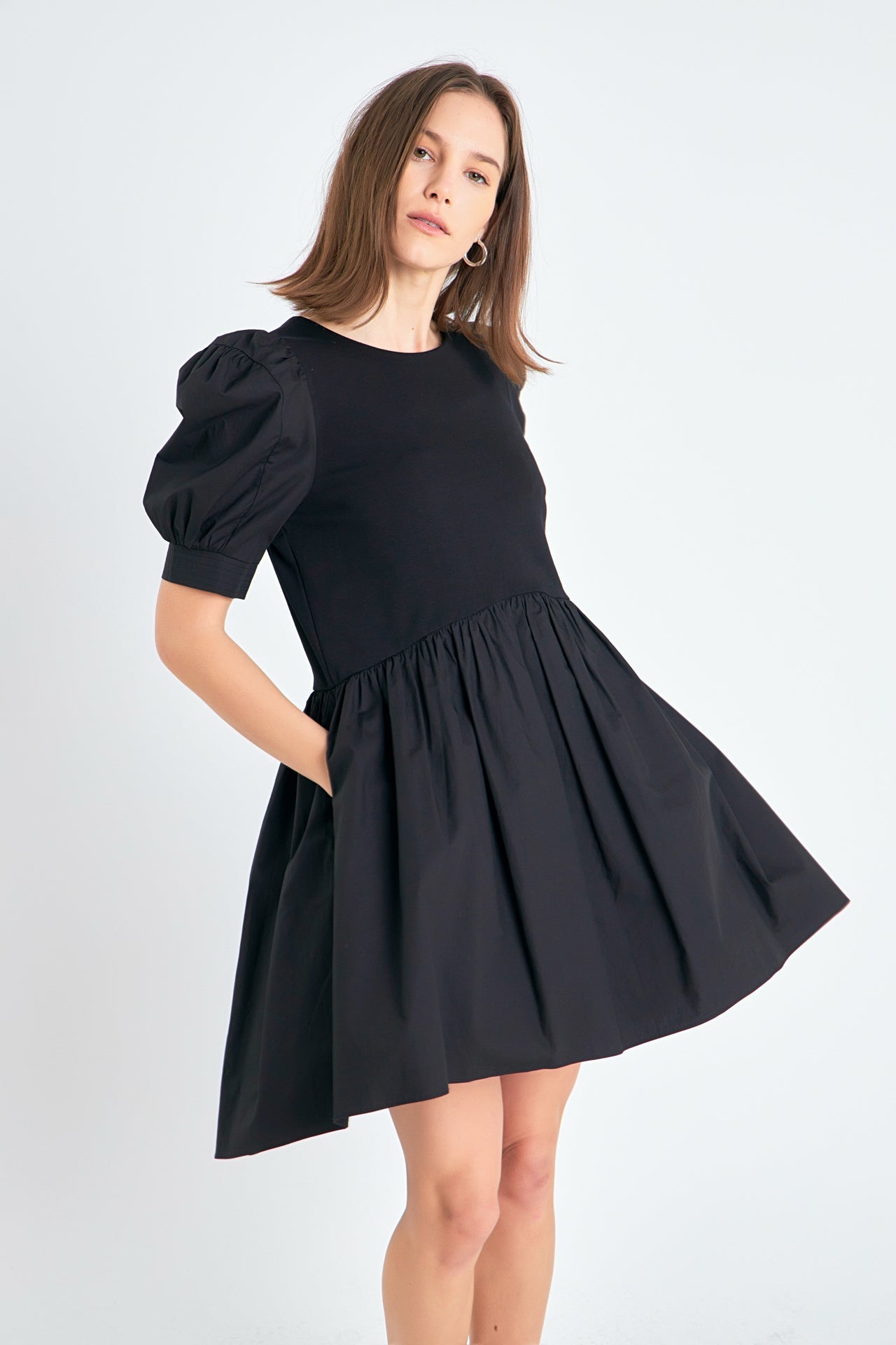 ENGLISH FACTORY - Puff Sleeve High Low Knit Combo Dress - DRESSES available at Objectrare