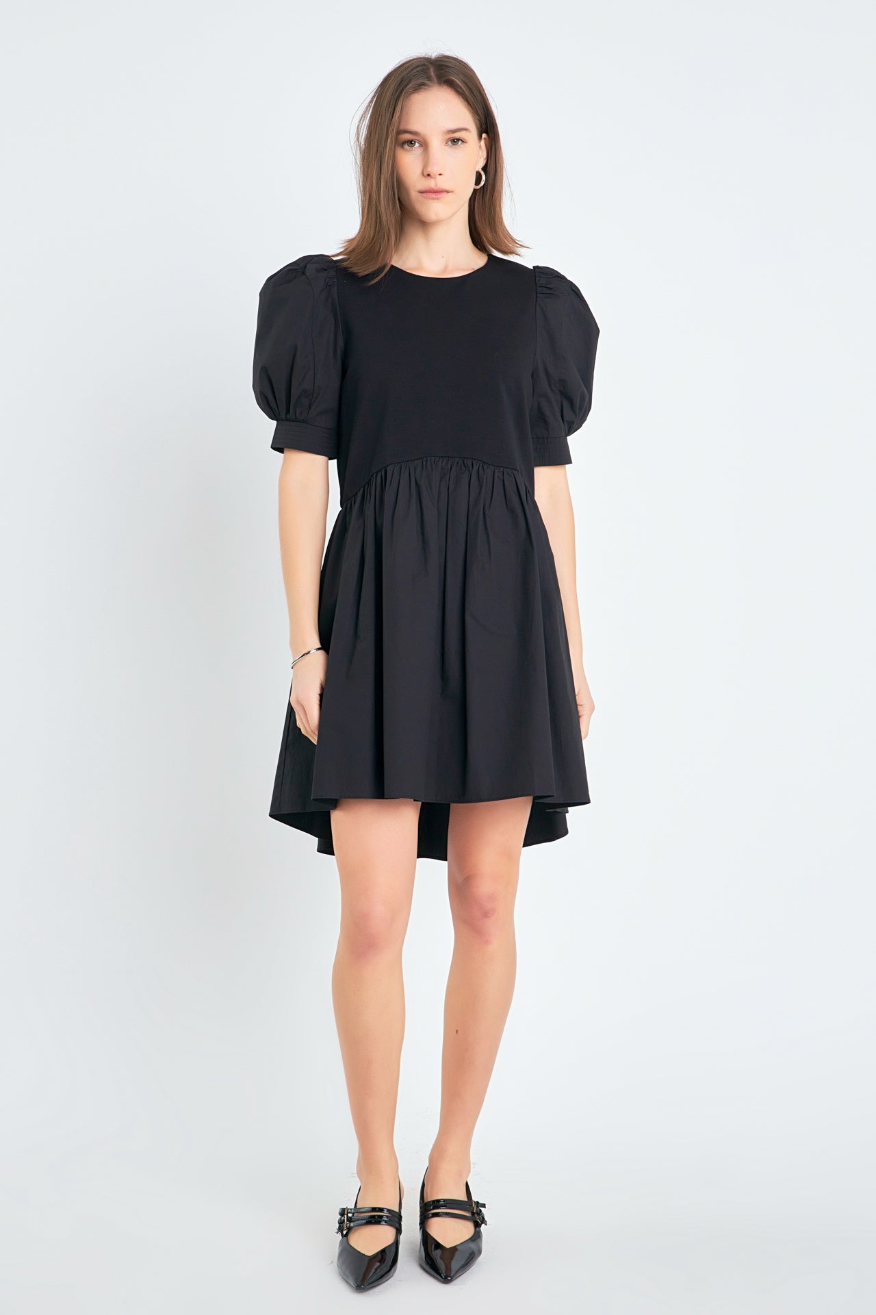 ENGLISH FACTORY - Puff Sleeve High Low Knit Combo Dress - DRESSES available at Objectrare