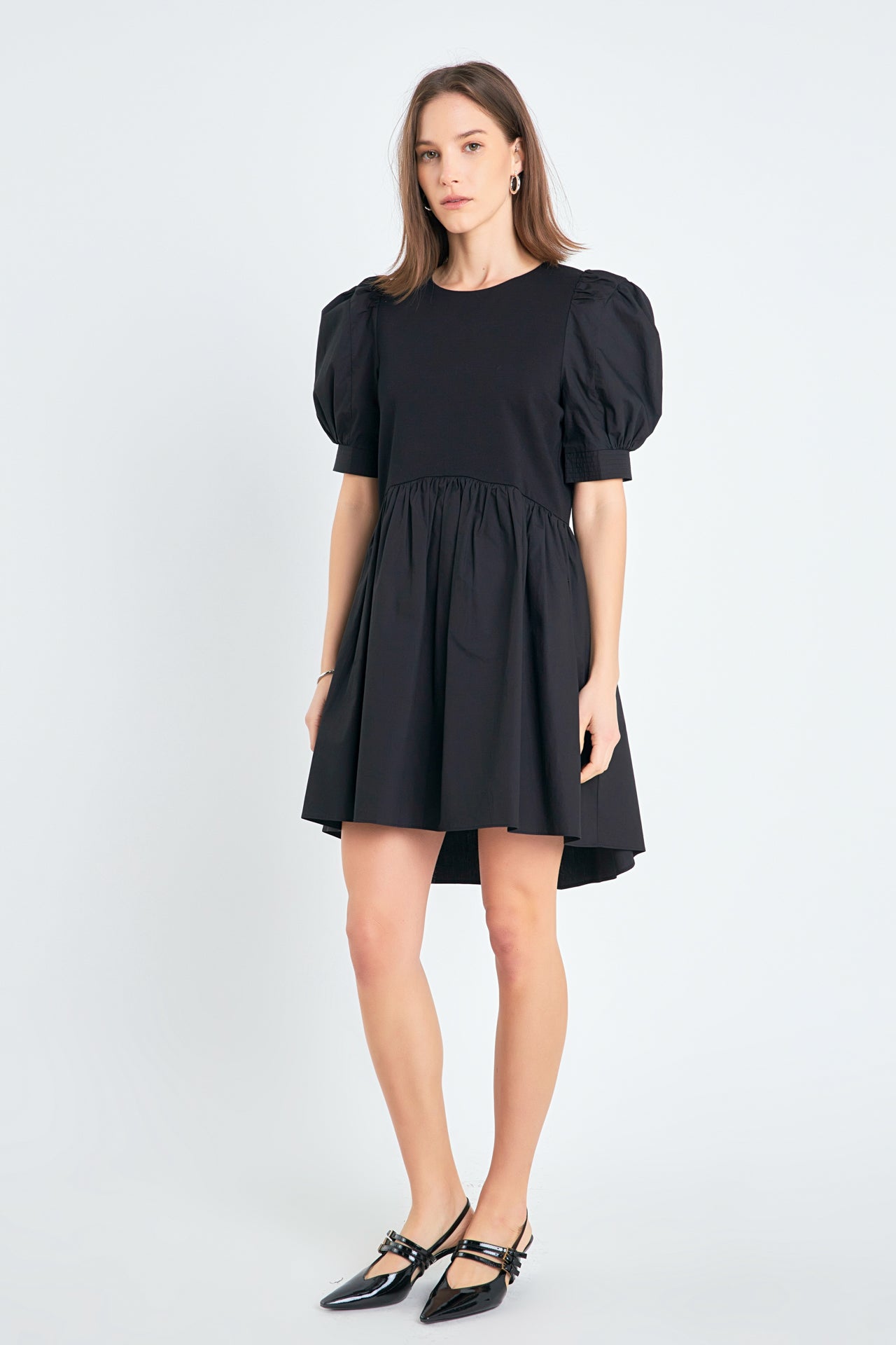 ENGLISH FACTORY - Puff Sleeve High Low Knit Combo Dress - DRESSES available at Objectrare