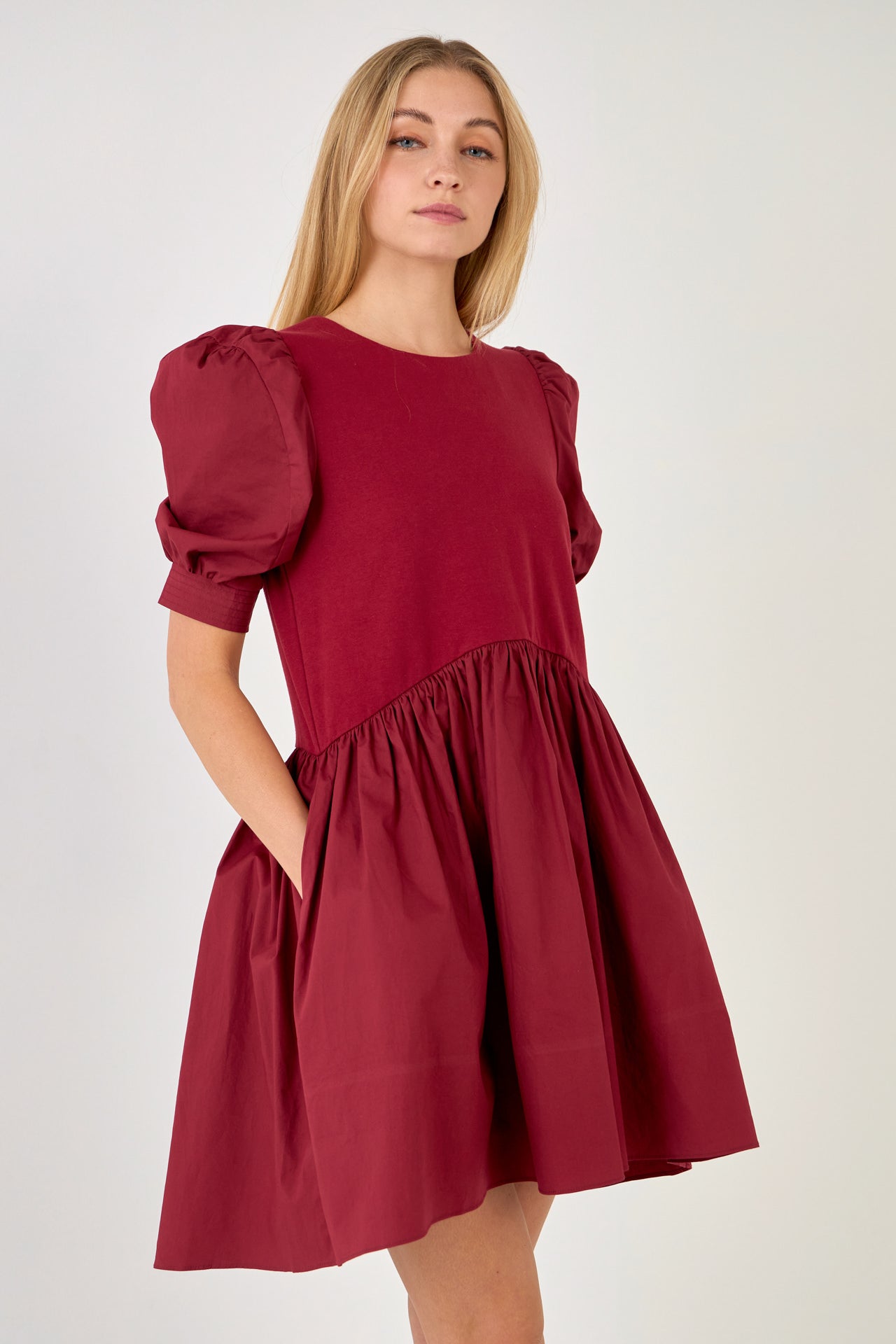 ENGLISH FACTORY - Puff Sleeve High Low Knit Combo Dress - DRESSES available at Objectrare