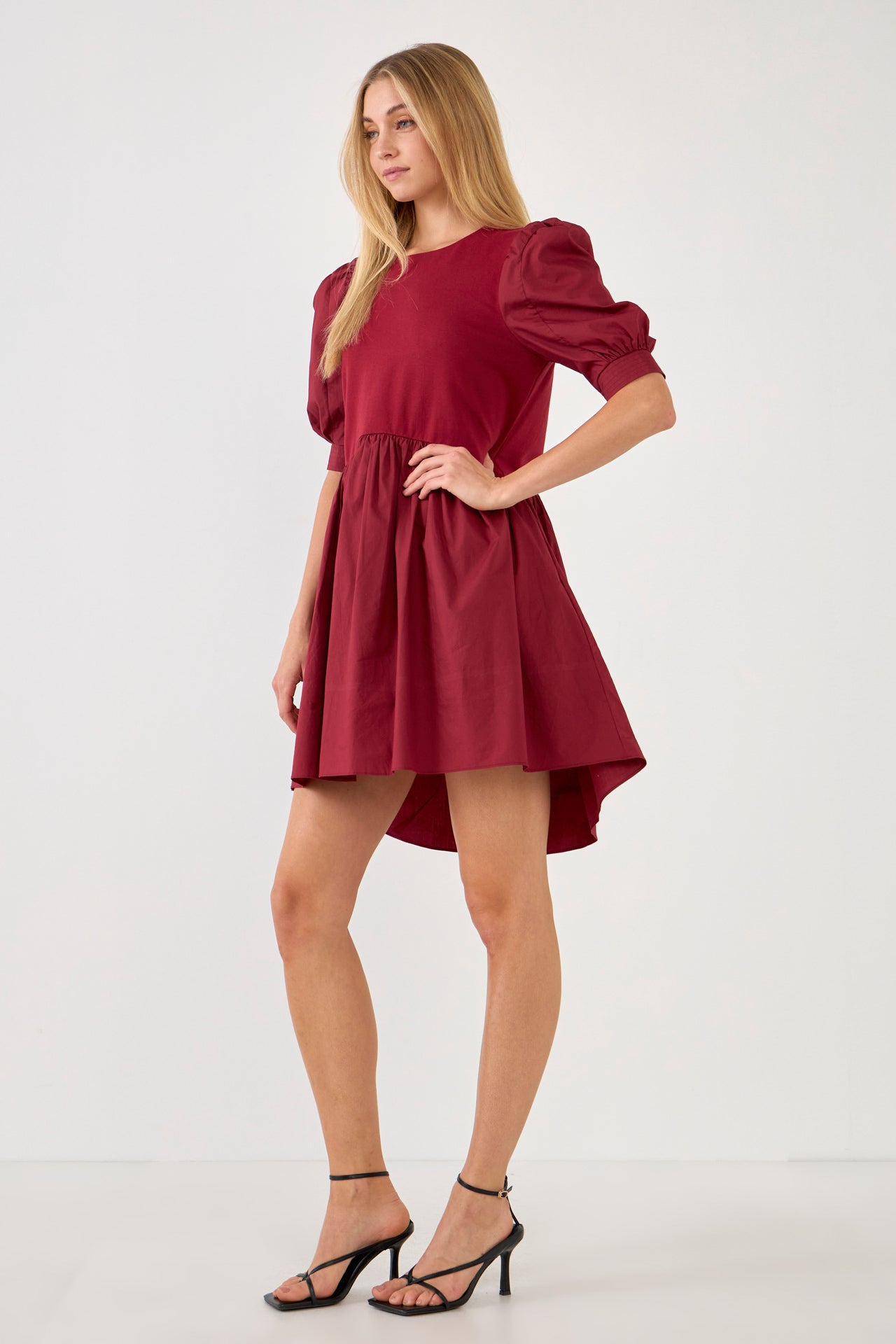 ENGLISH FACTORY - Puff Sleeve High Low Knit Combo Dress - DRESSES available at Objectrare