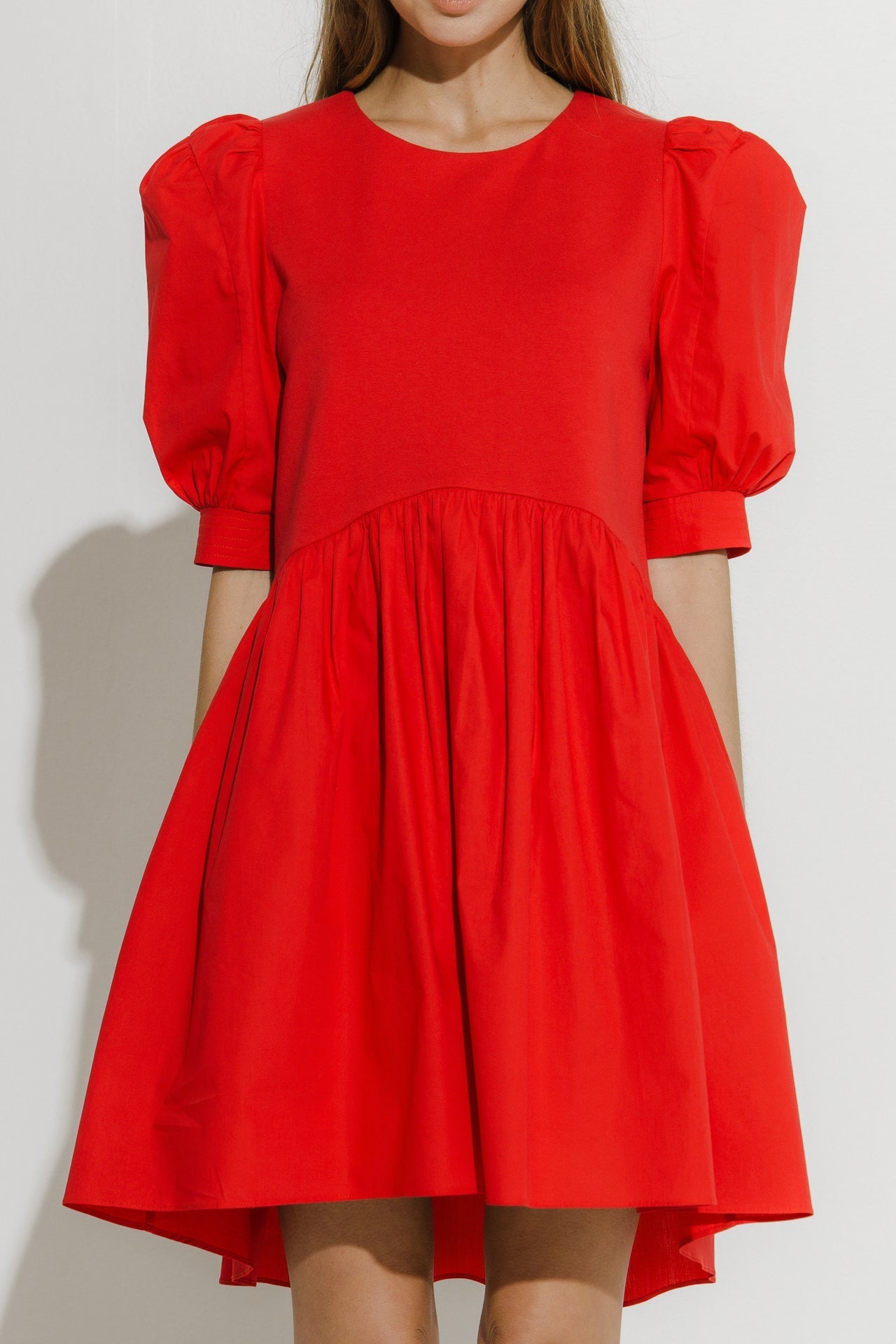ENGLISH FACTORY - Puff Sleeve High Low Knit Combo Dress - DRESSES available at Objectrare