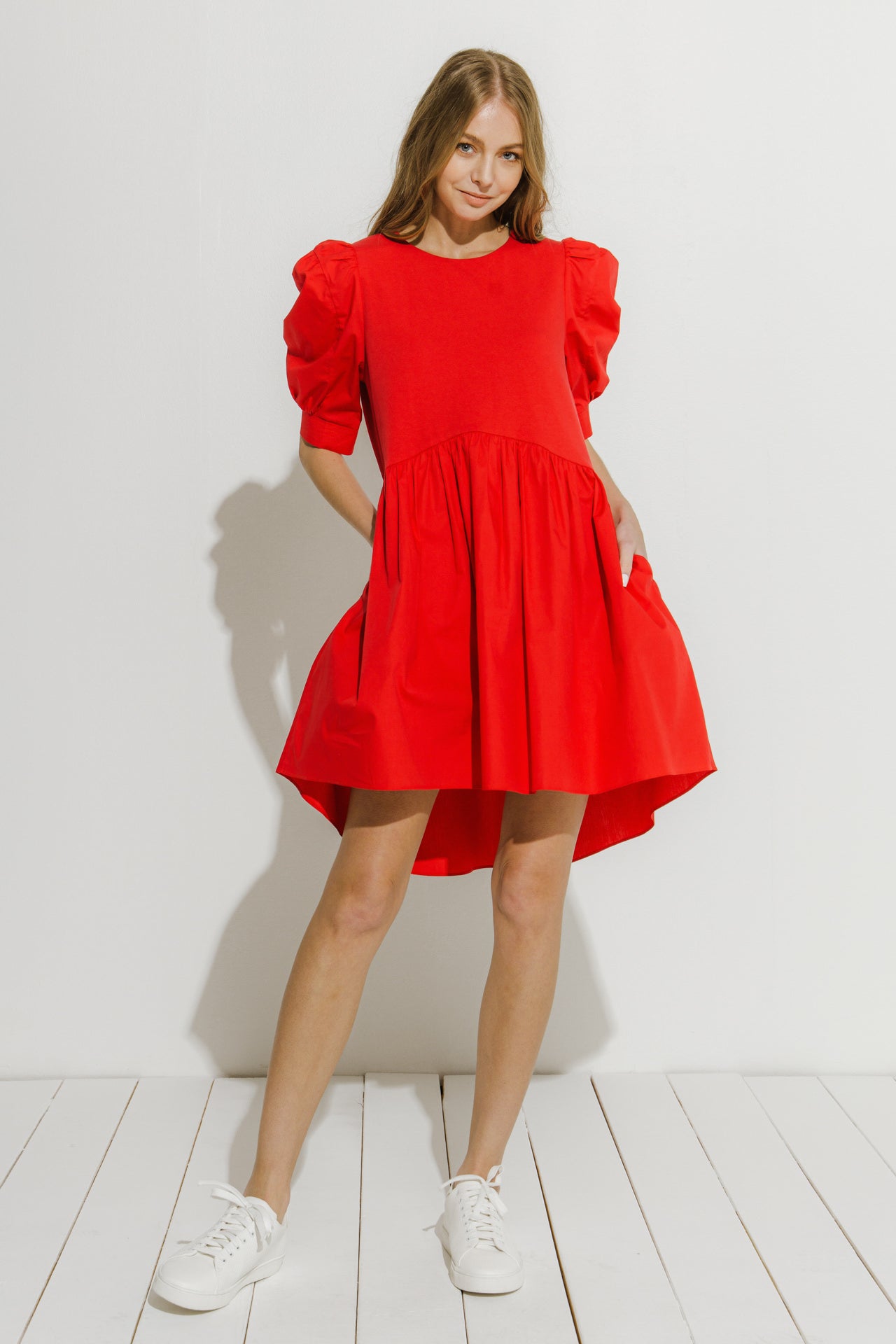 ENGLISH FACTORY - Puff Sleeve High Low Knit Combo Dress - DRESSES available at Objectrare