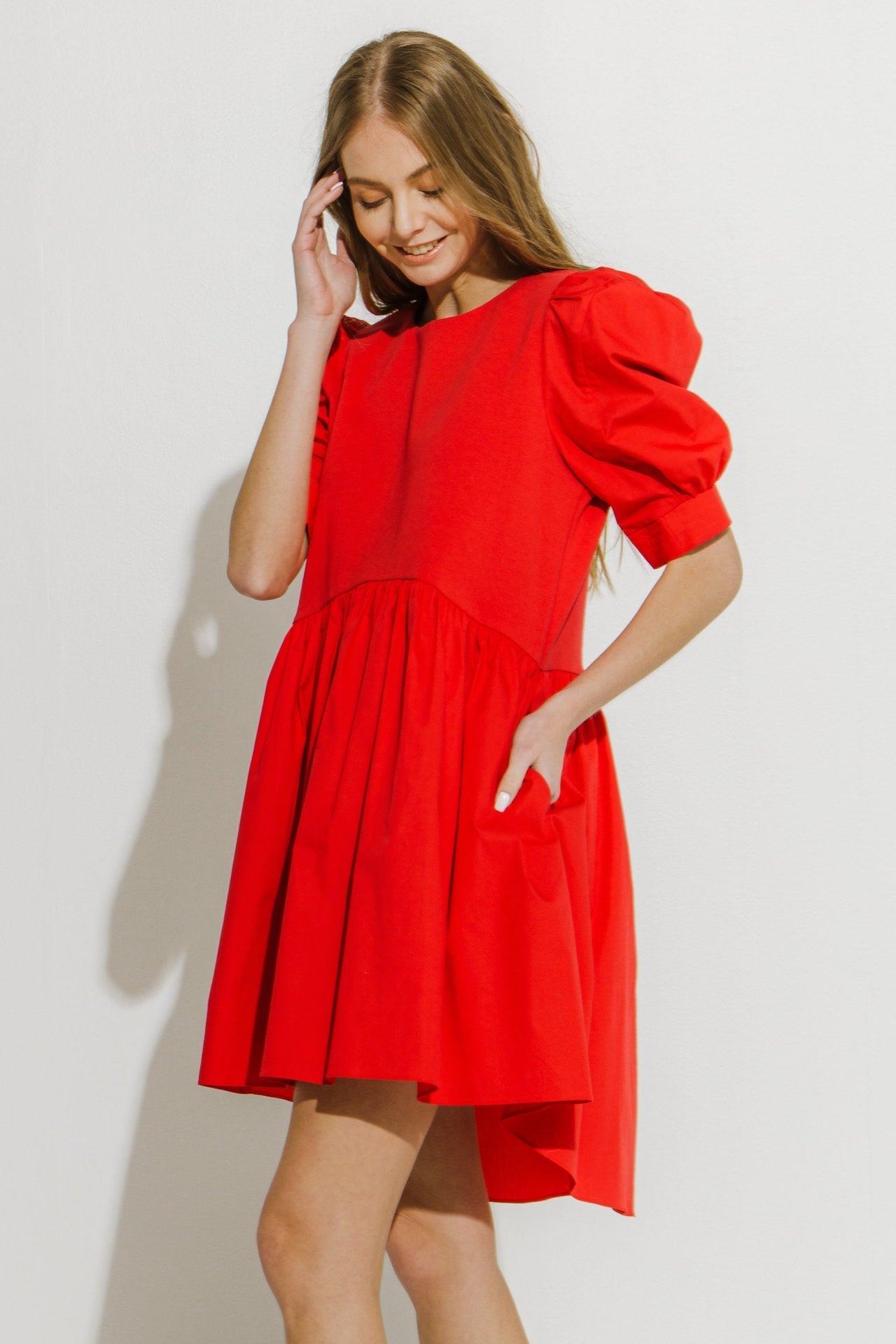 ENGLISH FACTORY - Puff Sleeve High Low Knit Combo Dress - DRESSES available at Objectrare