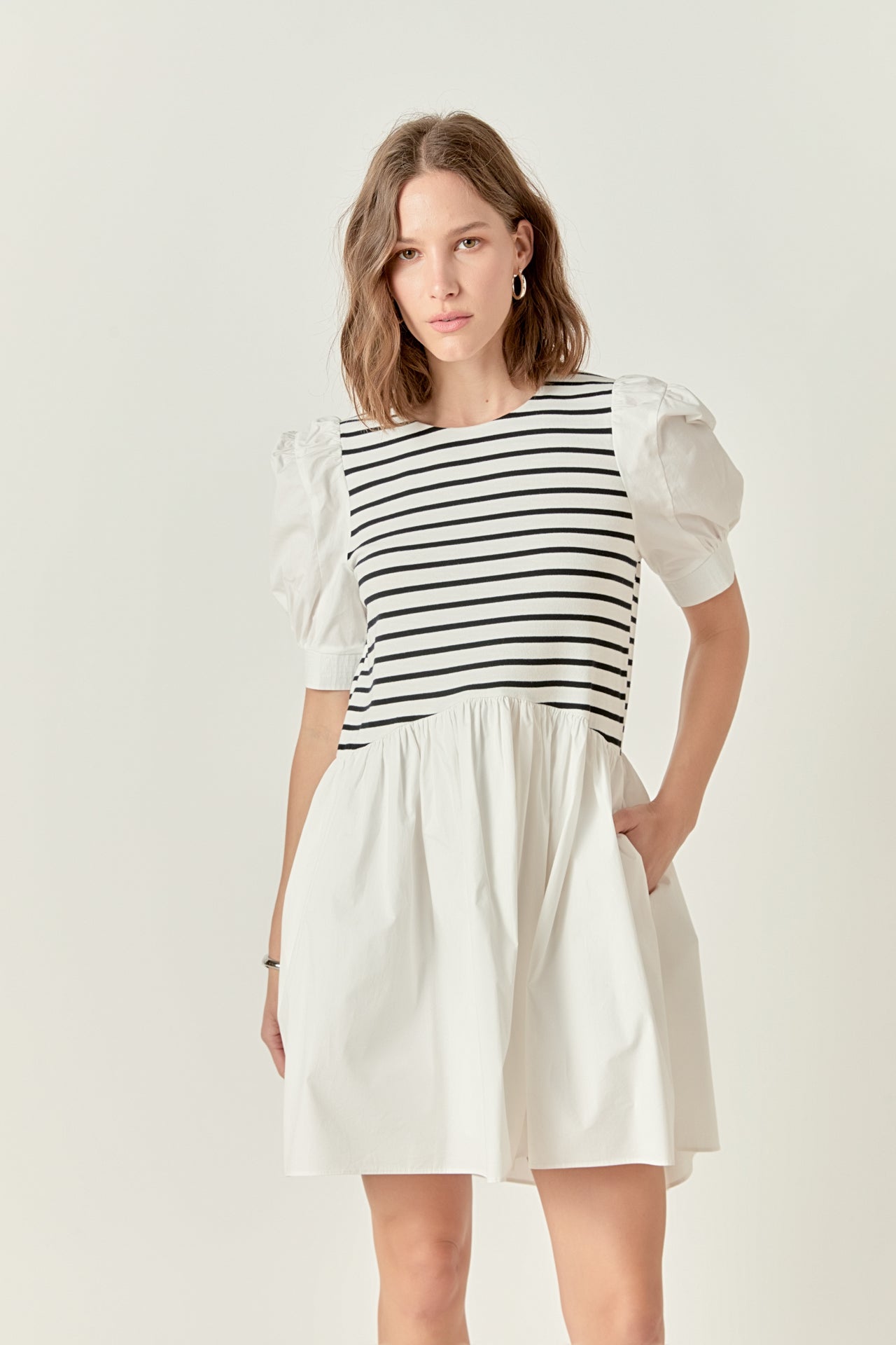 ENGLISH FACTORY - Puff Sleeve High Low Knit Combo Dress - DRESSES available at Objectrare