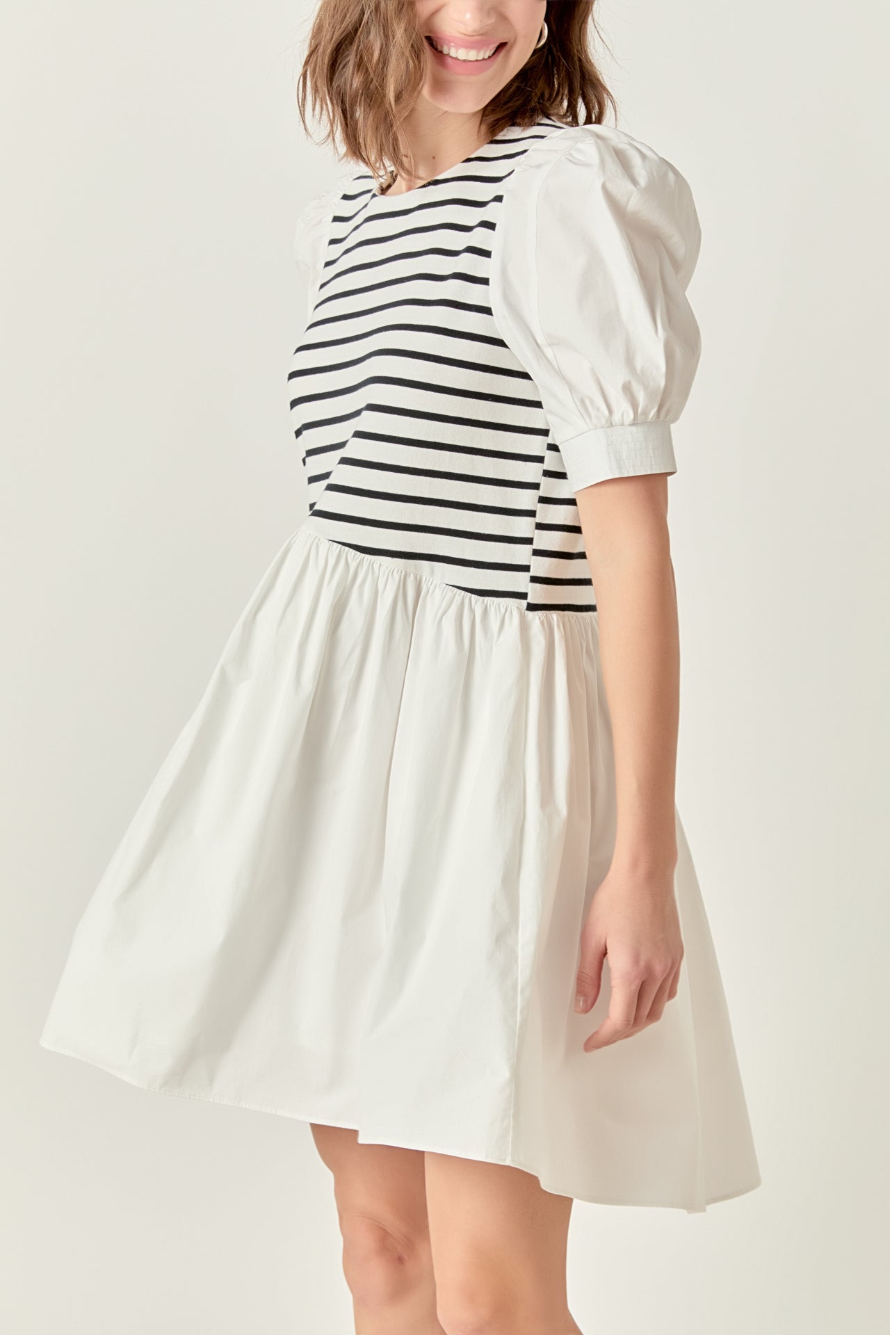 ENGLISH FACTORY - Puff Sleeve High Low Knit Combo Dress - DRESSES available at Objectrare