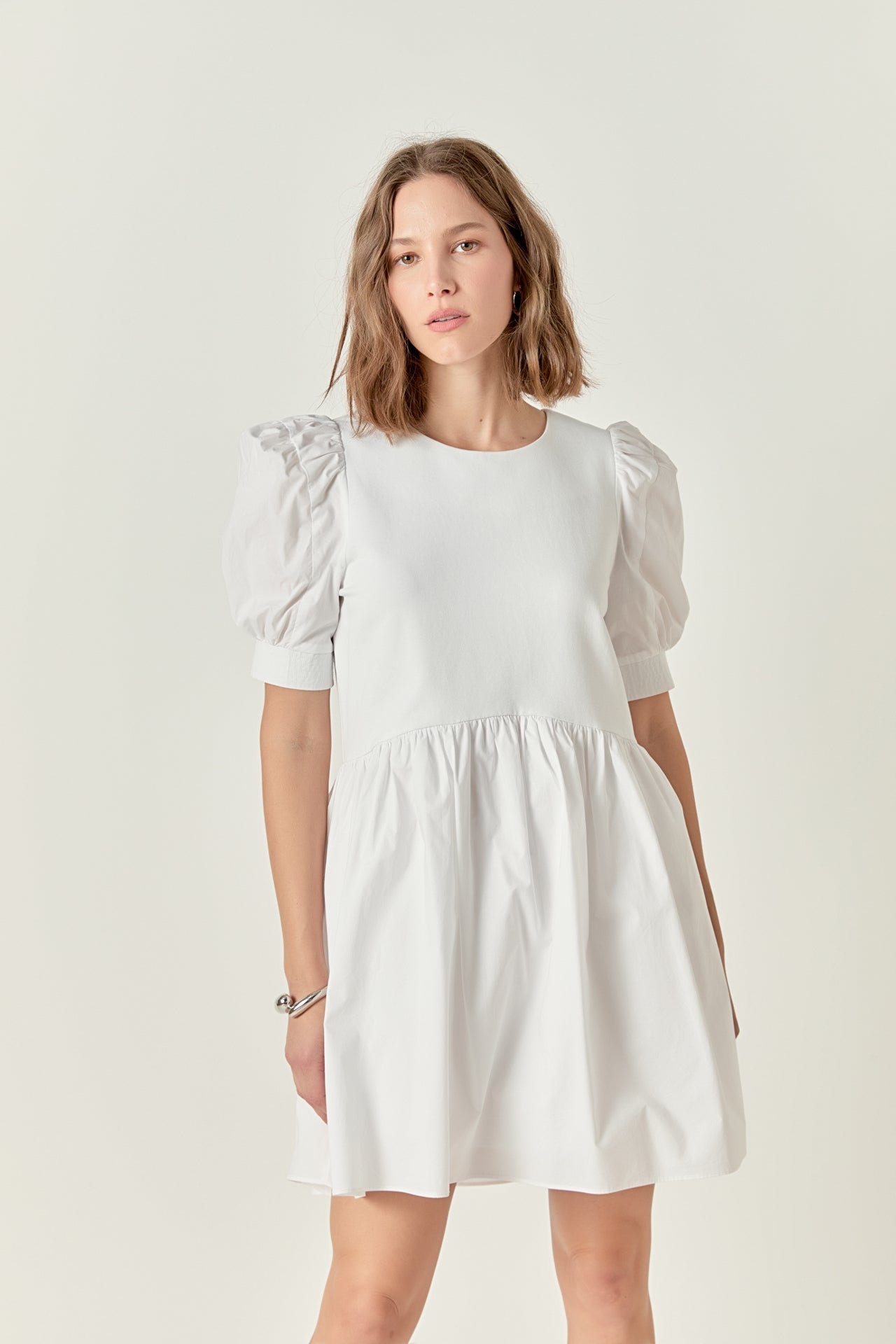 ENGLISH FACTORY - Puff Sleeve High Low Knit Combo Dress - DRESSES available at Objectrare