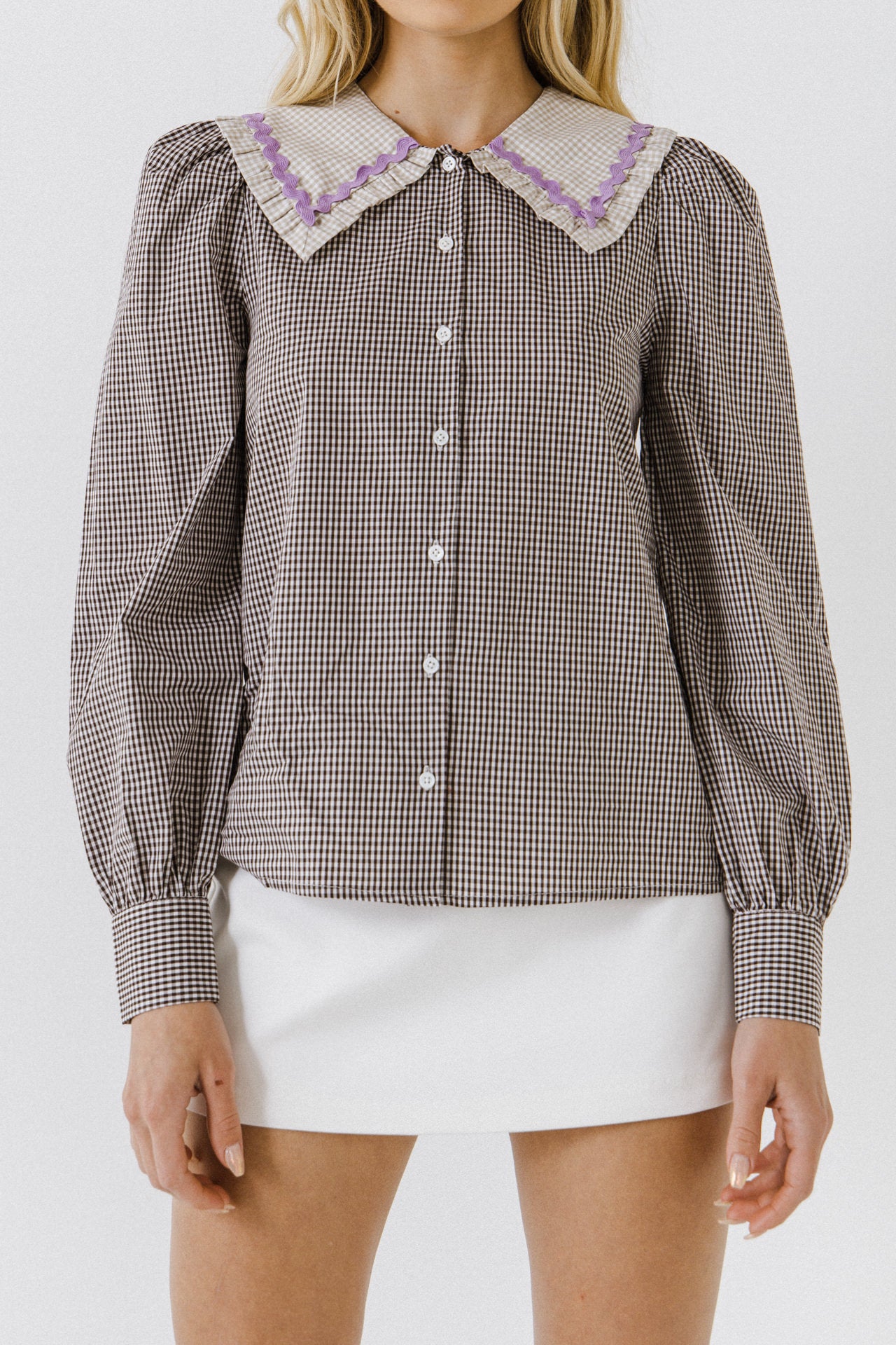 ENGLISH FACTORY - Gingham Check Long Sleeve Blouse - TOPS available at Objectrare