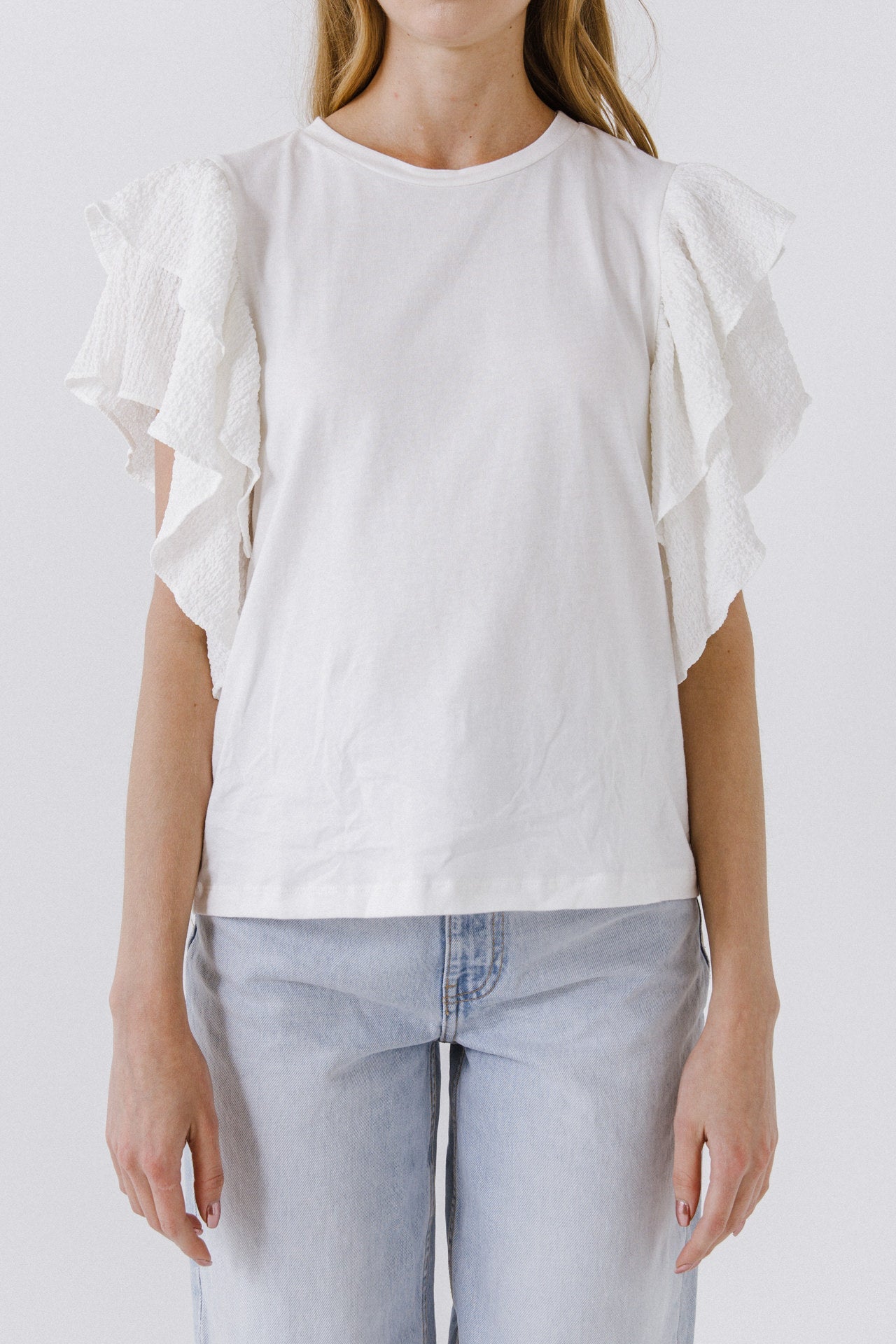 ENDLESS ROSE - Textured Ruffle Sleeve T-Shirt - TOPS available at Objectrare