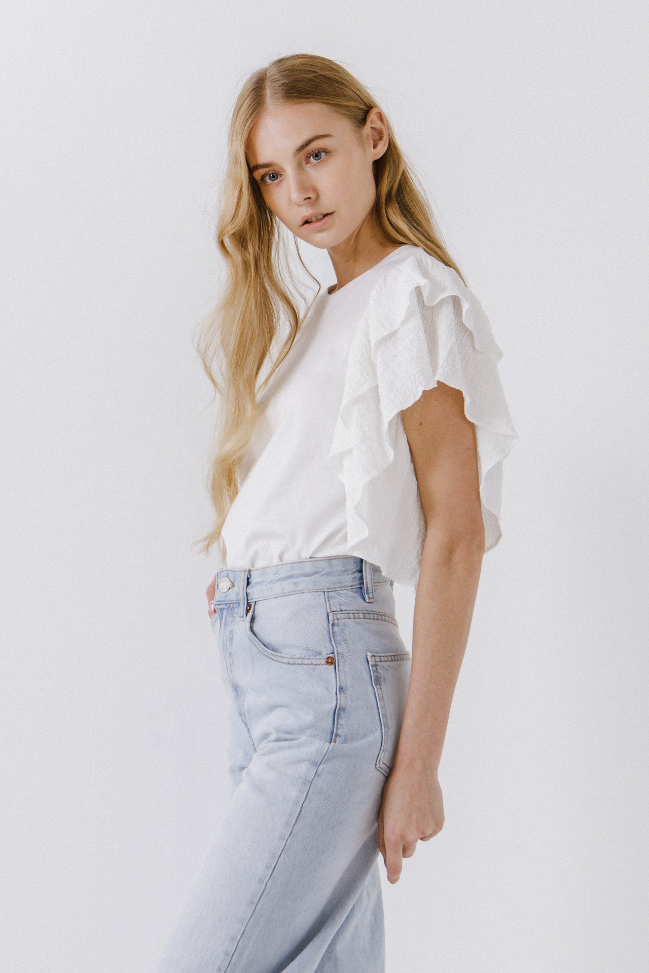 ENDLESS ROSE - Textured Ruffle Sleeve T-Shirt - TOPS available at Objectrare