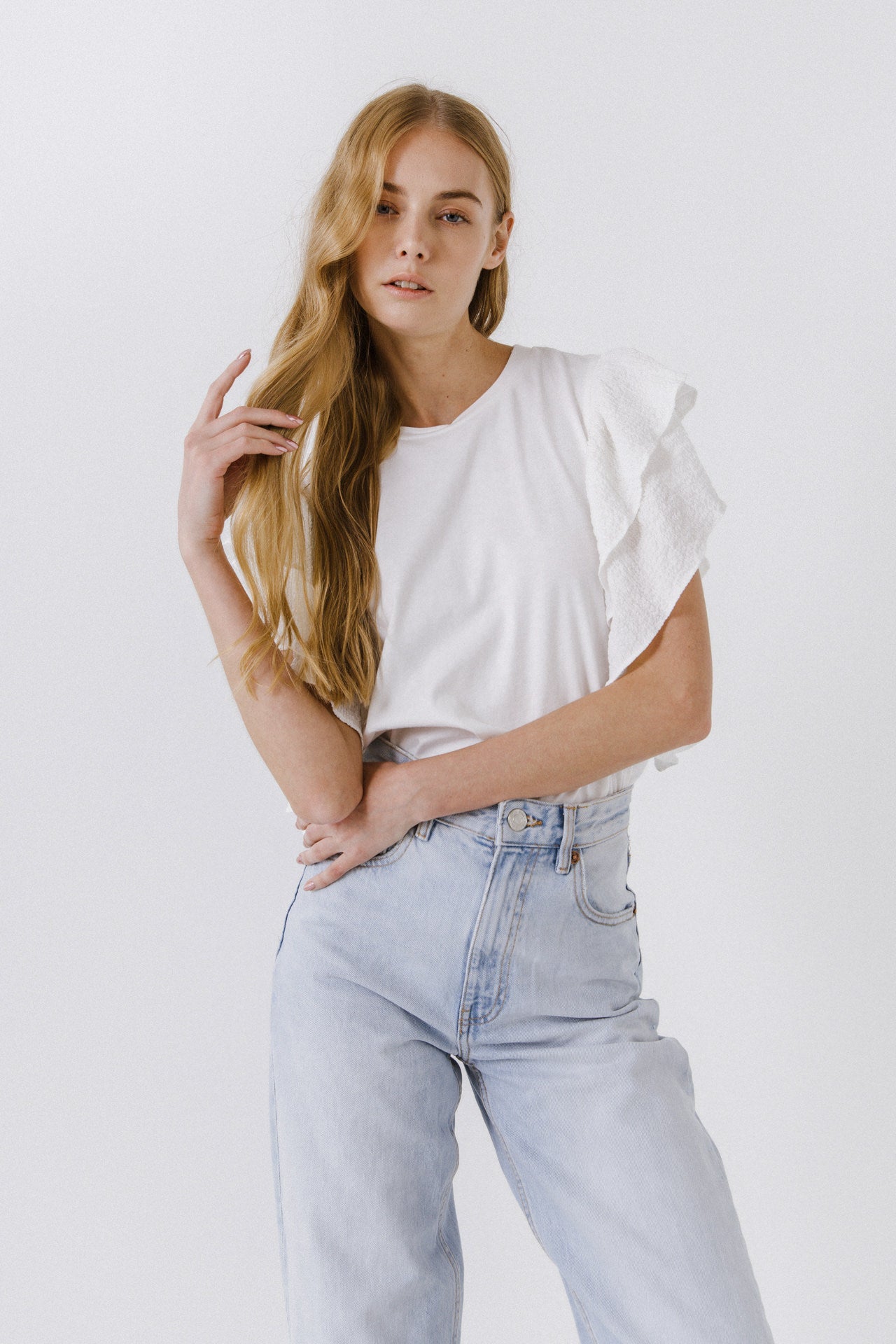 ENDLESS ROSE - Textured Ruffle Sleeve T-Shirt - TOPS available at Objectrare