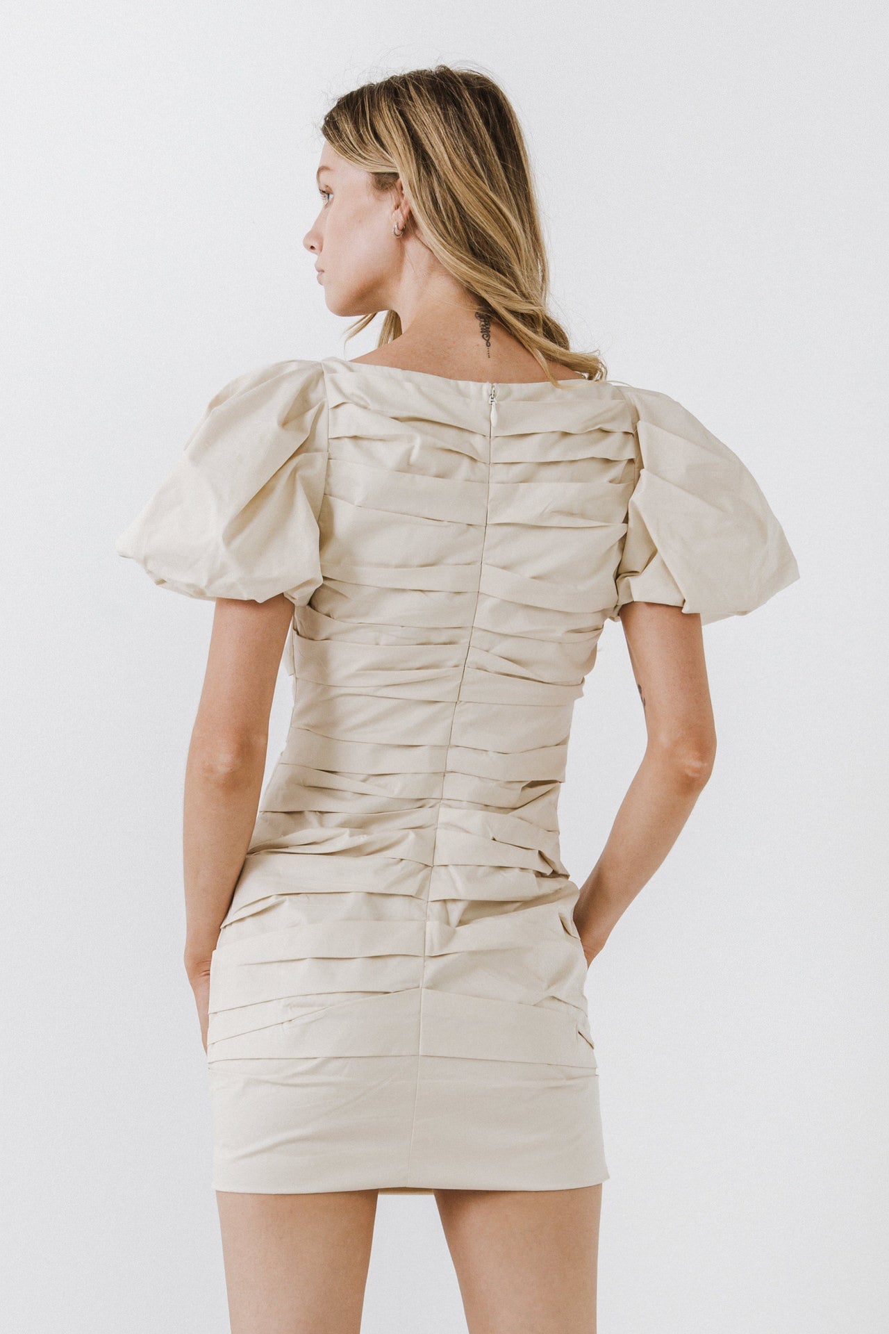 ENDLESS ROSE - Ruched Puff Sleeve Dress - DRESSES available at Objectrare