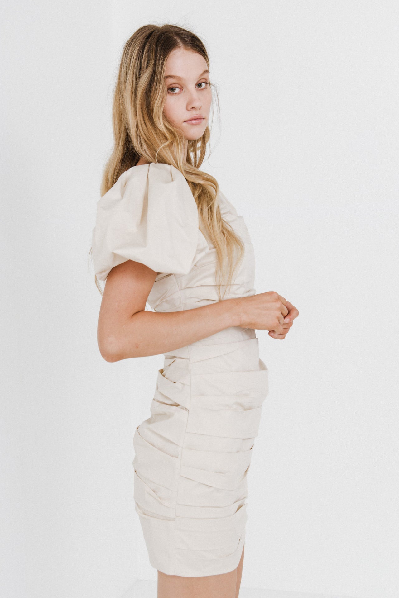 ENDLESS ROSE - Ruched Puff Sleeve Dress - DRESSES available at Objectrare