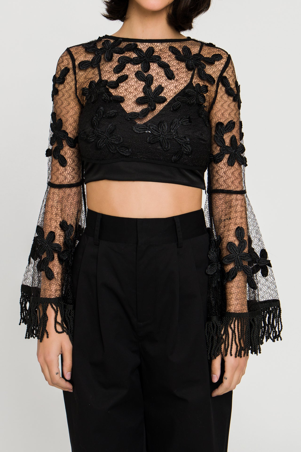 ENDLESS ROSE - Floral Lace Crop Top with Bell Sleeve - TOPS available at Objectrare