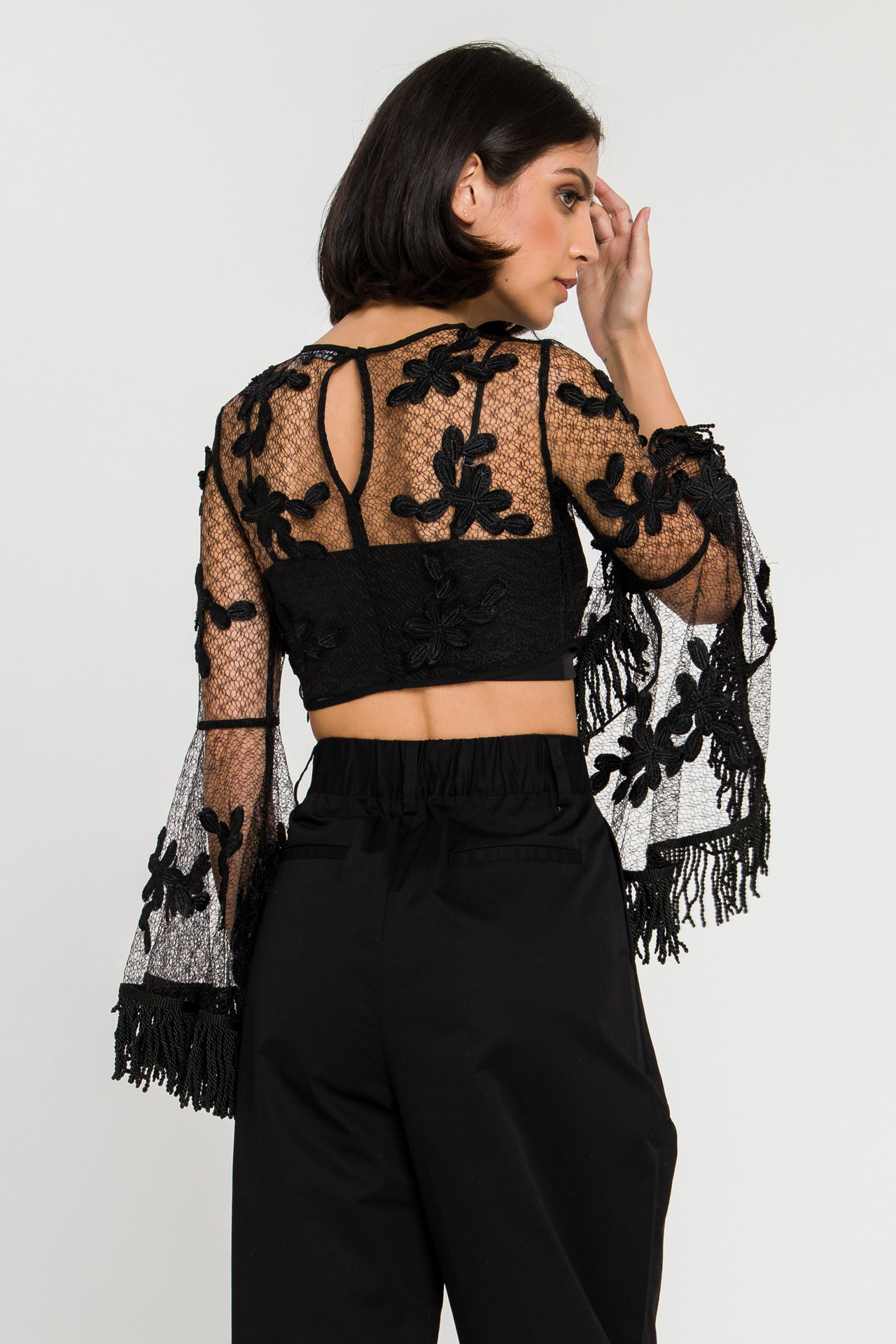ENDLESS ROSE - Floral Lace Crop Top with Bell Sleeve - TOPS available at Objectrare