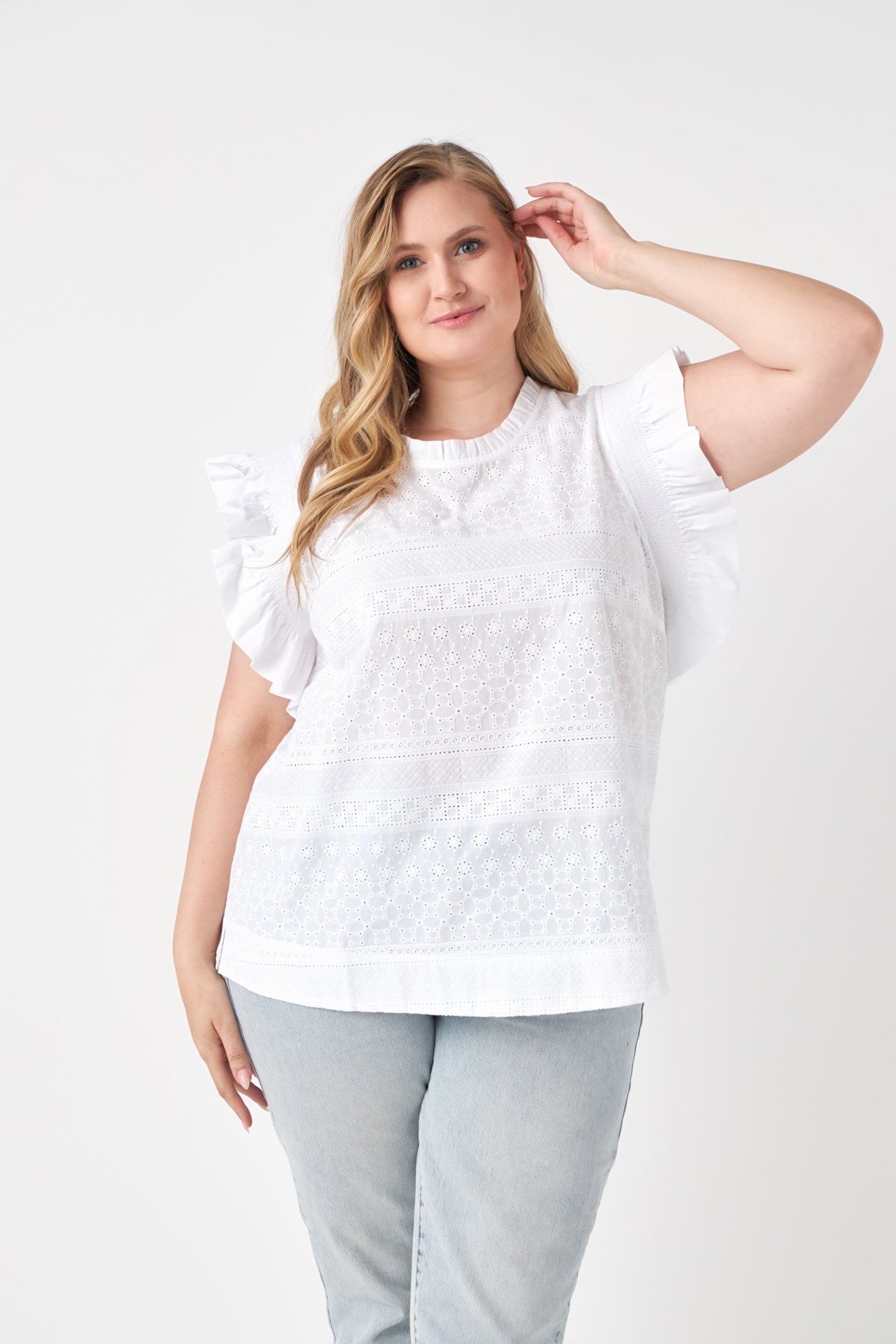 ENGLISH FACTORY - Plus Size Ruffle Sleeve Embroidered Cotton Top - TOPS available at Objectrare