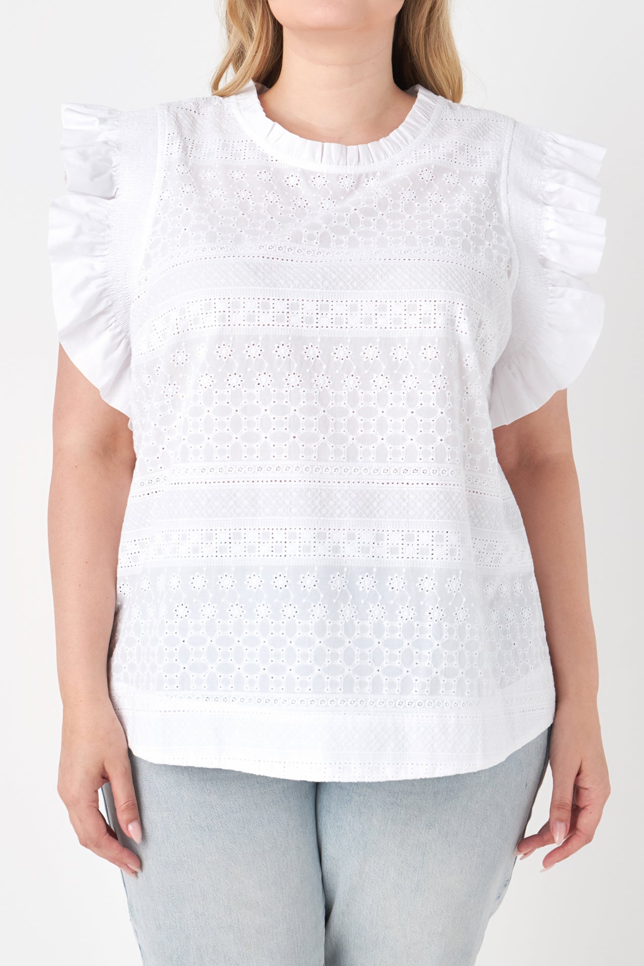ENGLISH FACTORY - Plus Size Ruffle Sleeve Embroidered Cotton Top - TOPS available at Objectrare