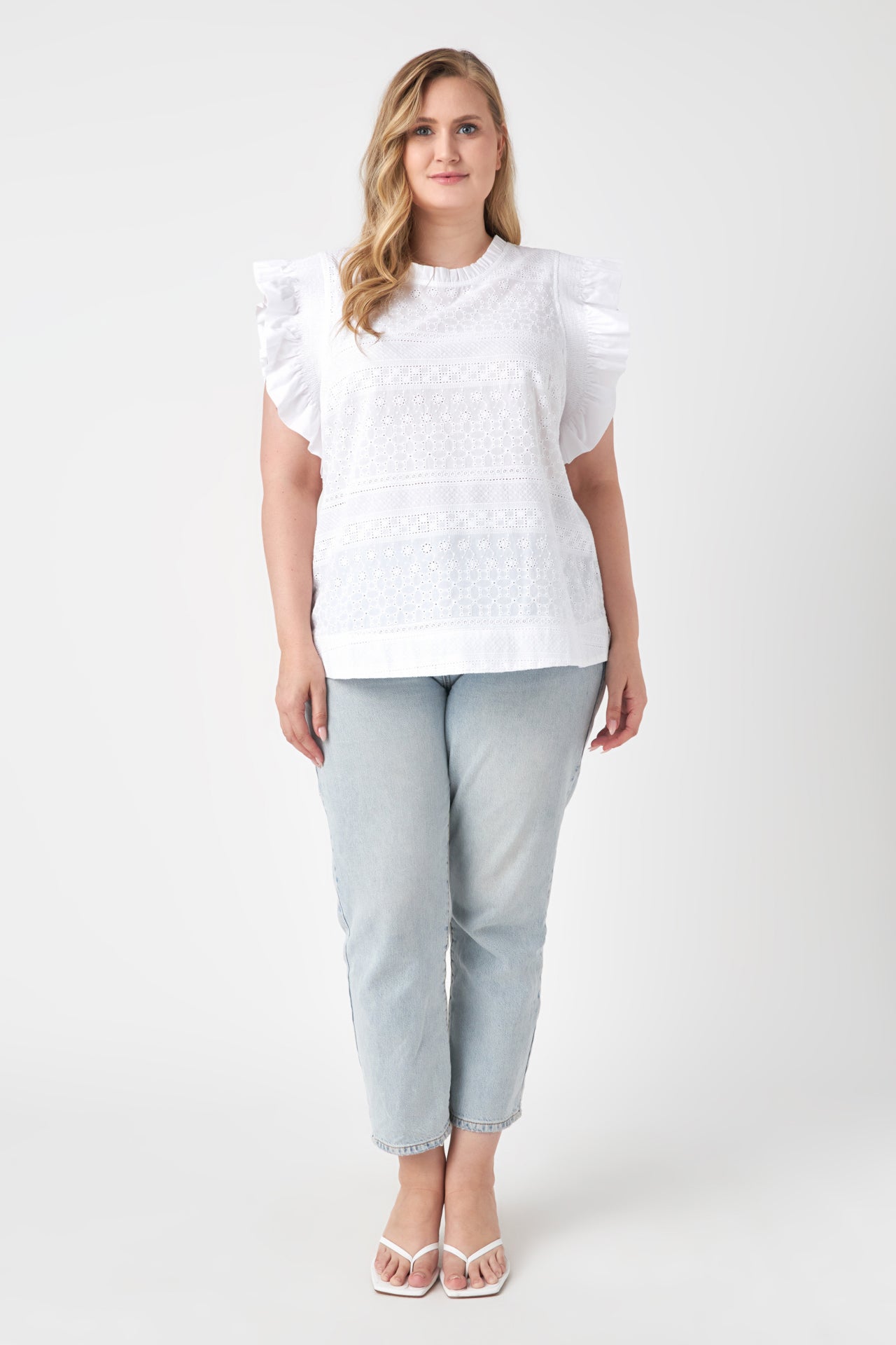 ENGLISH FACTORY - Plus Size Ruffle Sleeve Embroidered Cotton Top - TOPS available at Objectrare