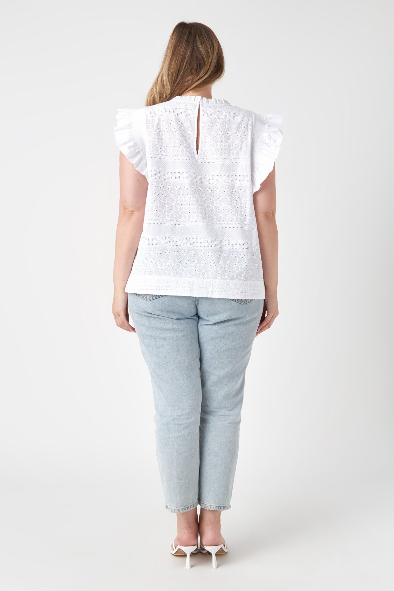 ENGLISH FACTORY - Plus Size Ruffle Sleeve Embroidered Cotton Top - TOPS available at Objectrare