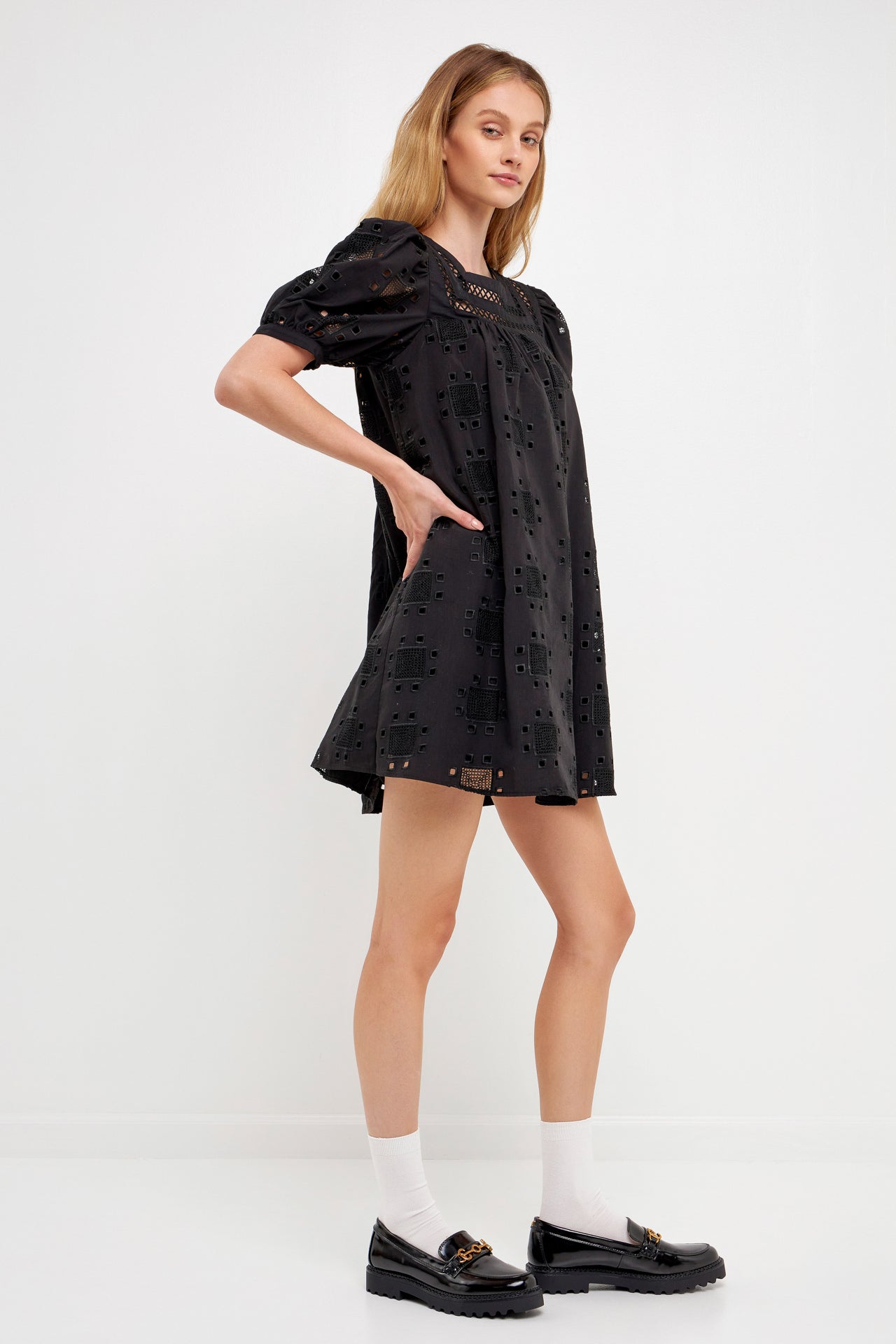 ENGLISH FACTORY - Geometric Eyelet Mini Dress - DRESSES available at Objectrare