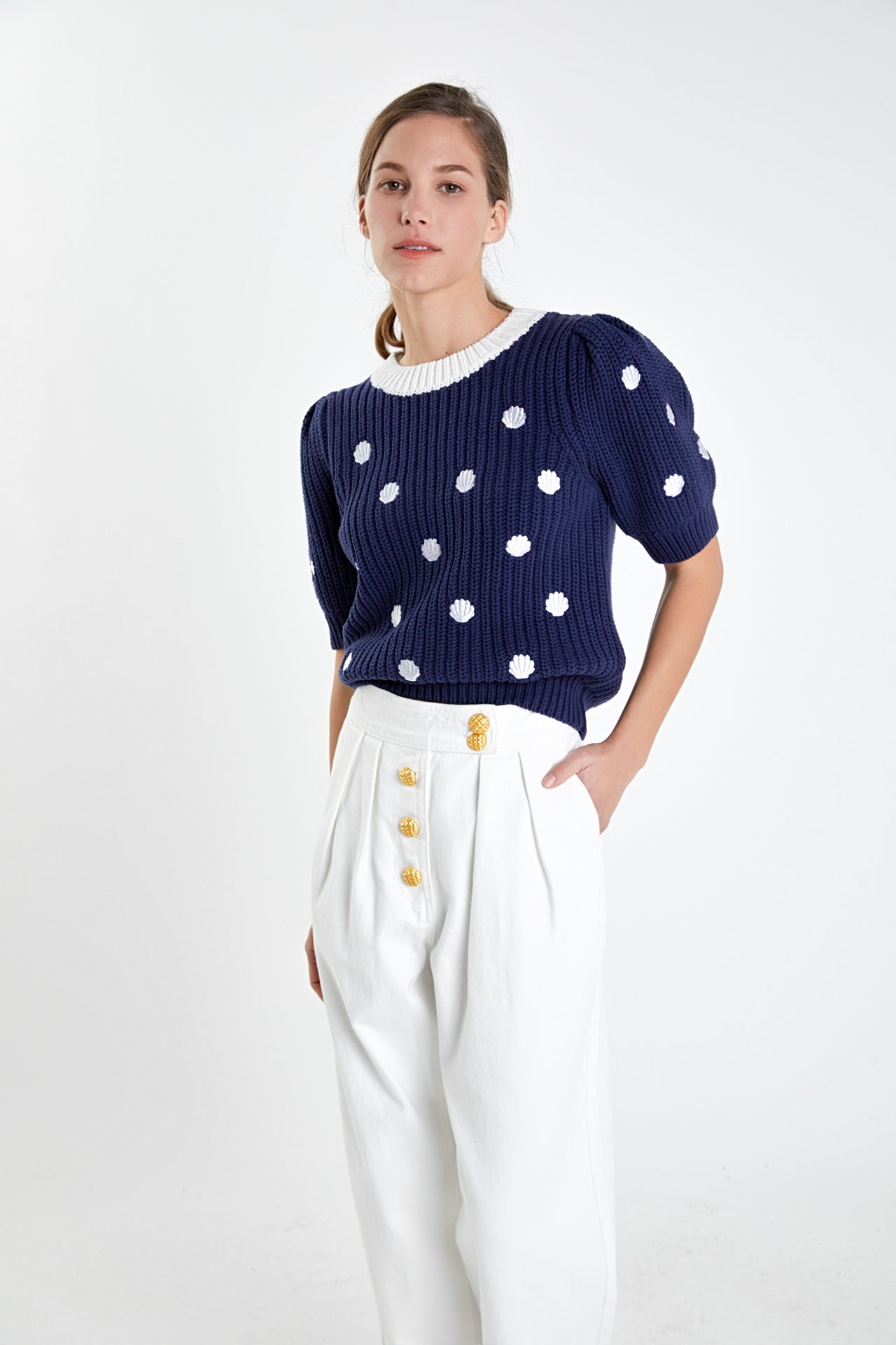 ENGLISH FACTORY - Shell Embroidered Puff Sleeve Sweater - SWEATERS & KNITS available at Objectrare