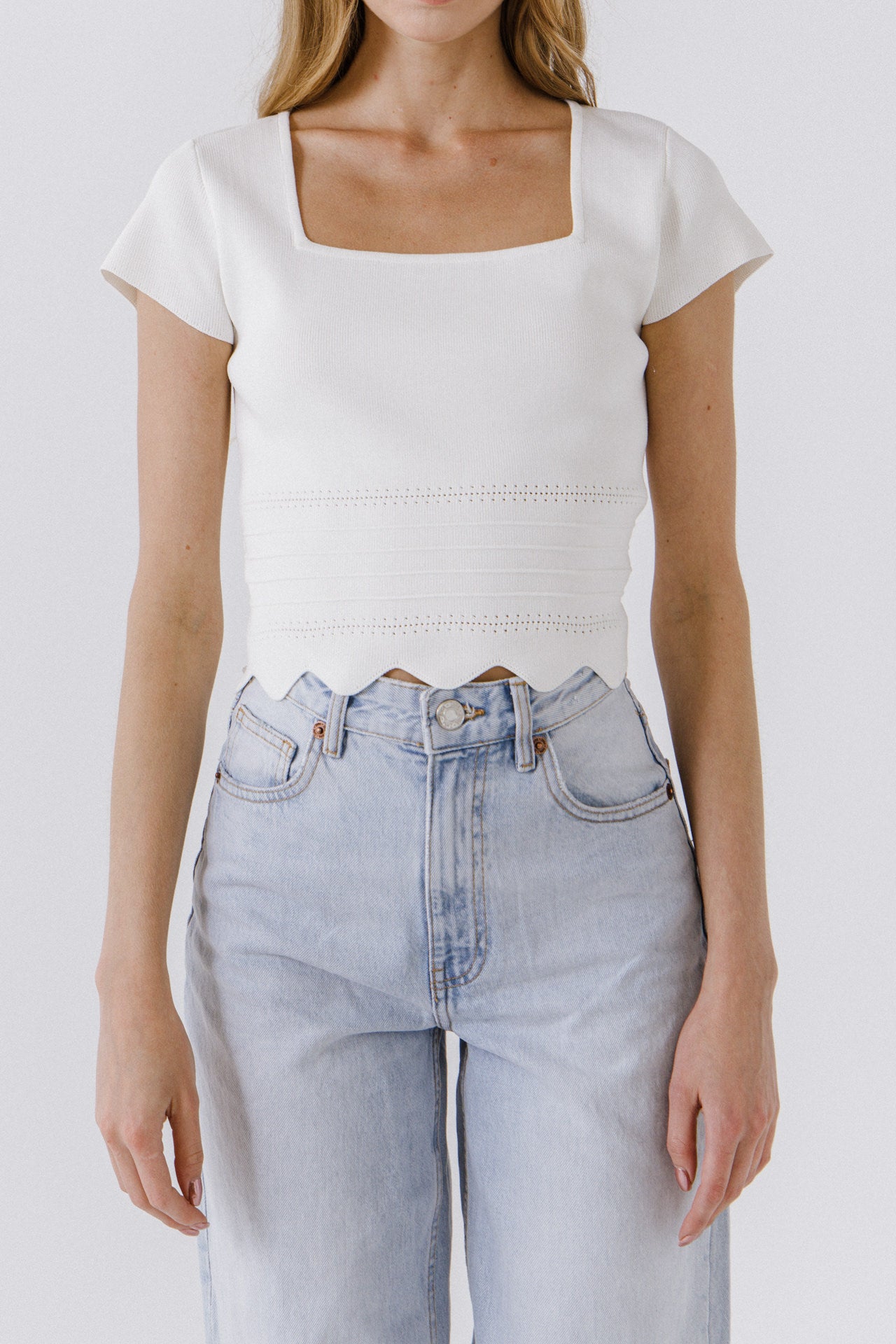 ENGLISH FACTORY - Scallop Hem Square Neck Short Sleeve Top - TOPS available at Objectrare