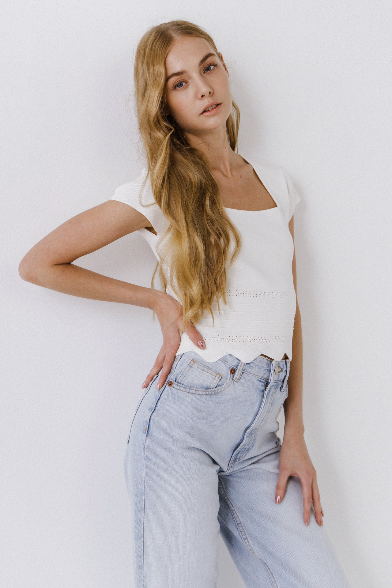 ENGLISH FACTORY - Scallop Hem Square Neck Short Sleeve Top - TOPS available at Objectrare