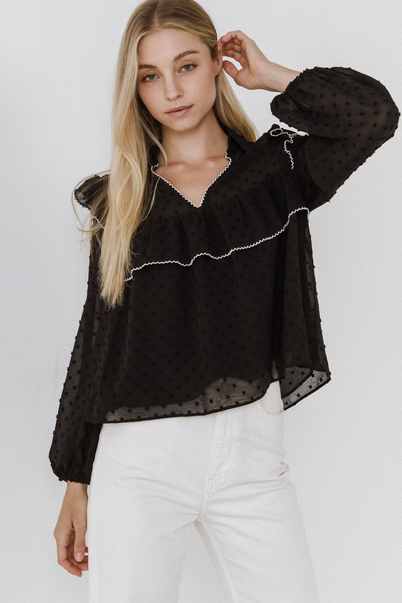 FREE THE ROSES - Swiss Dot Blouse with Ruffle Detail - TOPS available at Objectrare