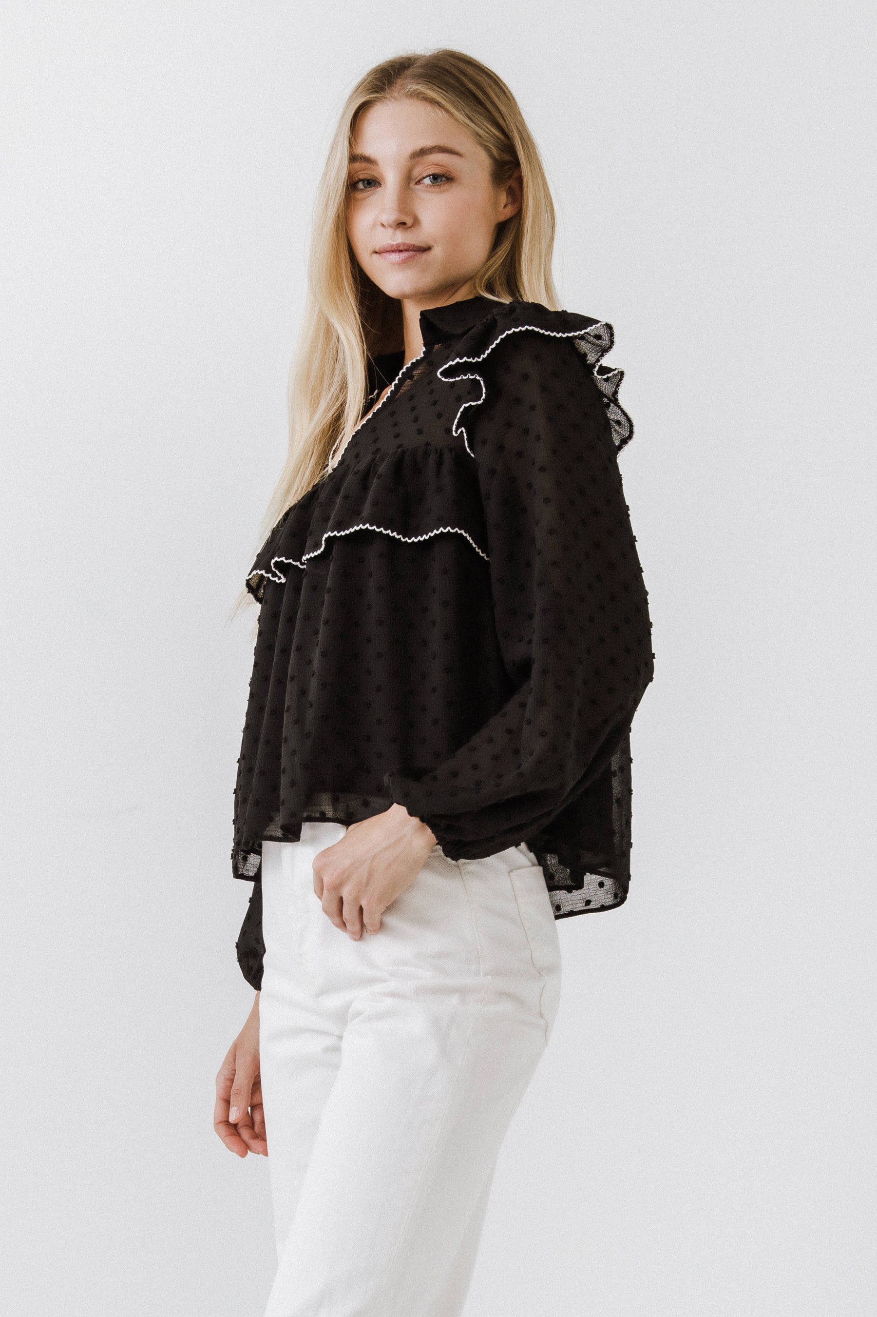 FREE THE ROSES - Swiss Dot Blouse with Ruffle Detail - TOPS available at Objectrare