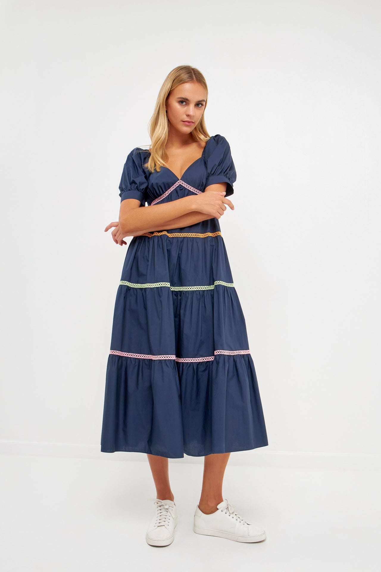 English Factory Multicolor Trim Midi Dress in Navy