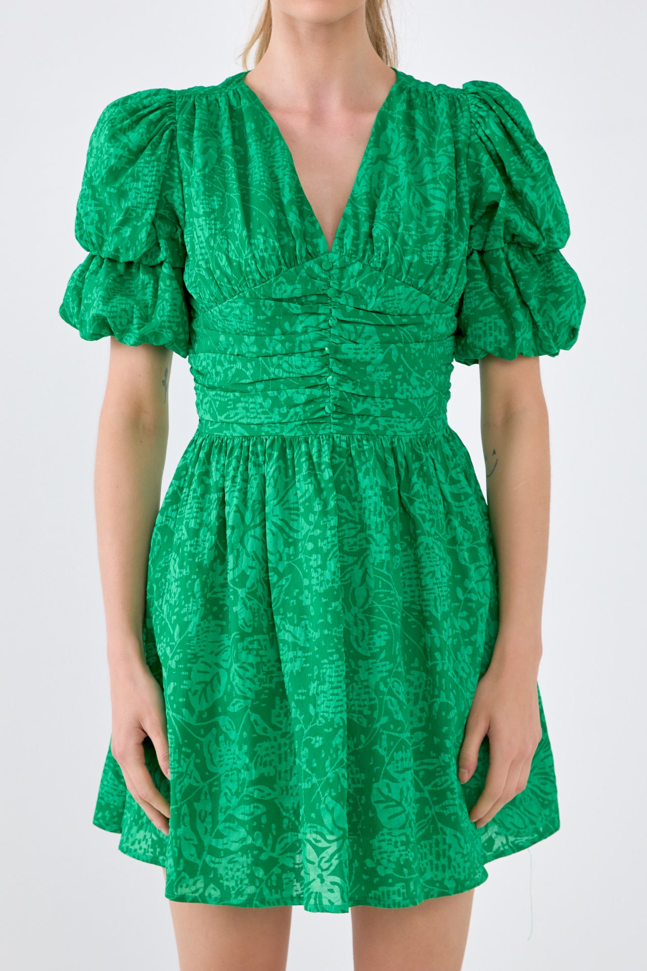ENDLESS ROSE - Floral Puff Sleeves Dress with Ruched Waist - DRESSES available at Objectrare