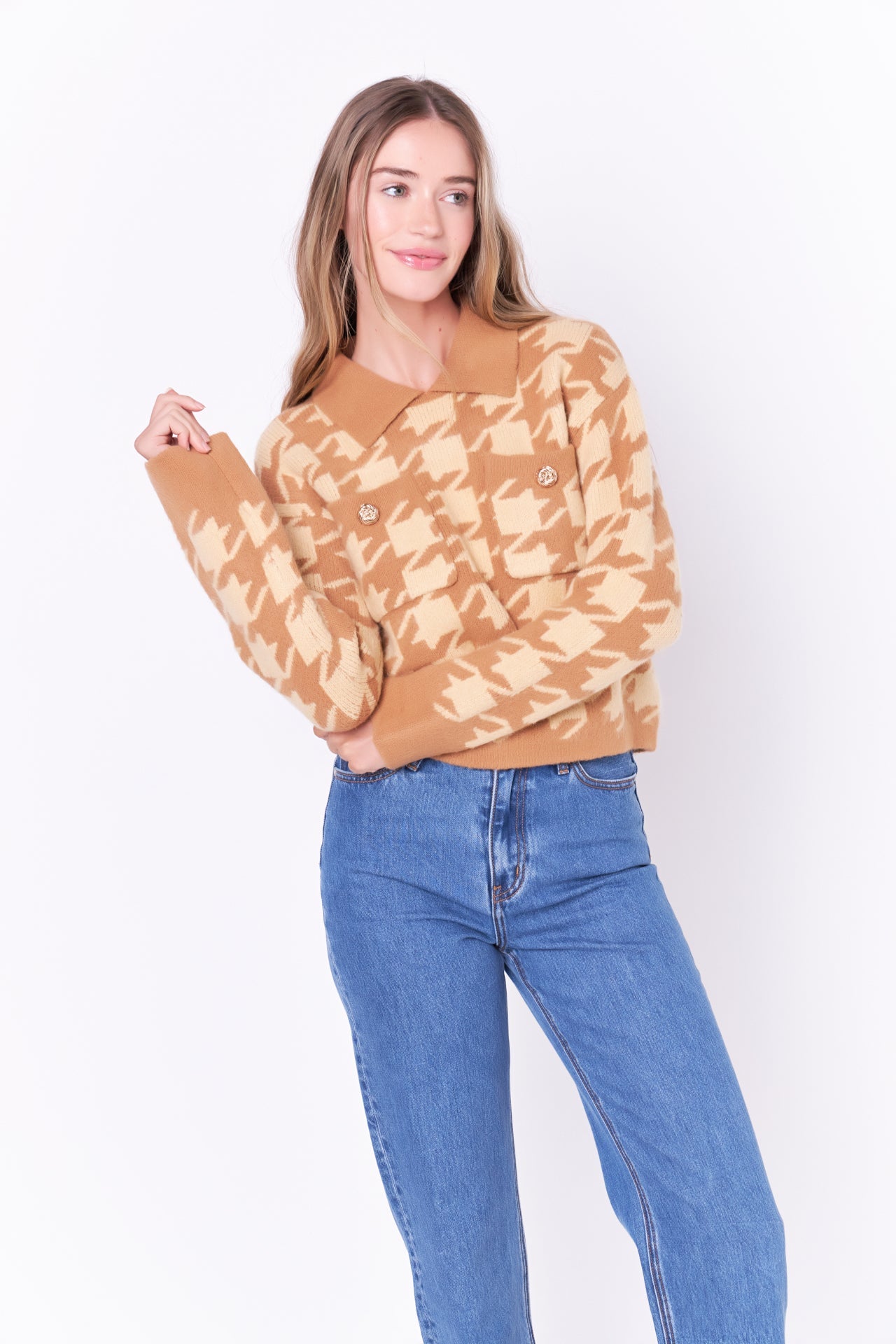ENGLISH FACTORY - Houndstooth Collared Sweater - SWEATERS & KNITS available at Objectrare