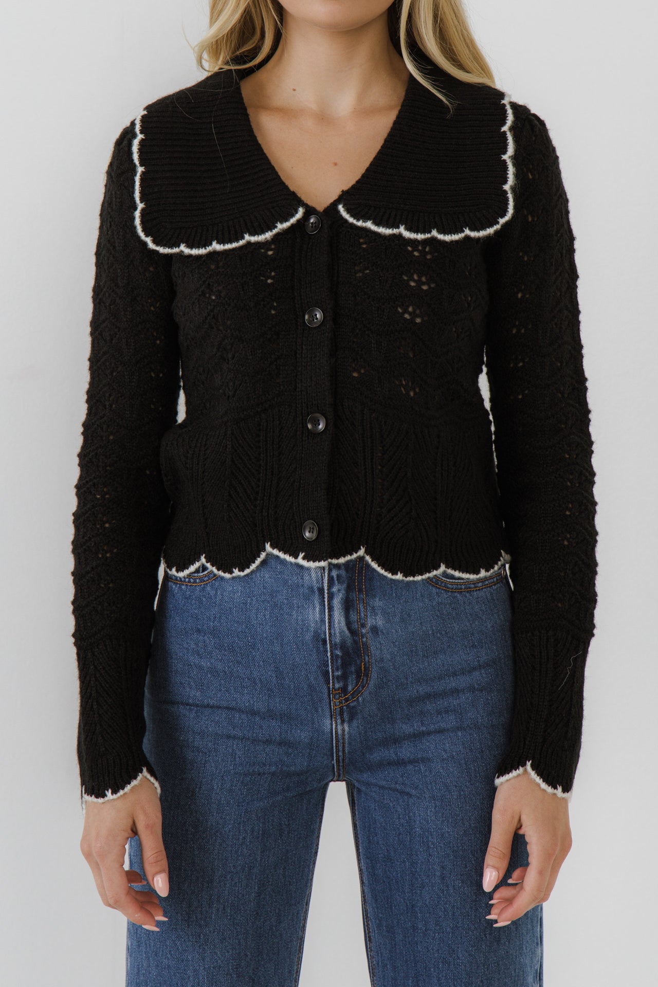 ENDLESS ROSE - Scallop Collared Trim Knit Cardigan - SWEATERS & KNITS available at Objectrare