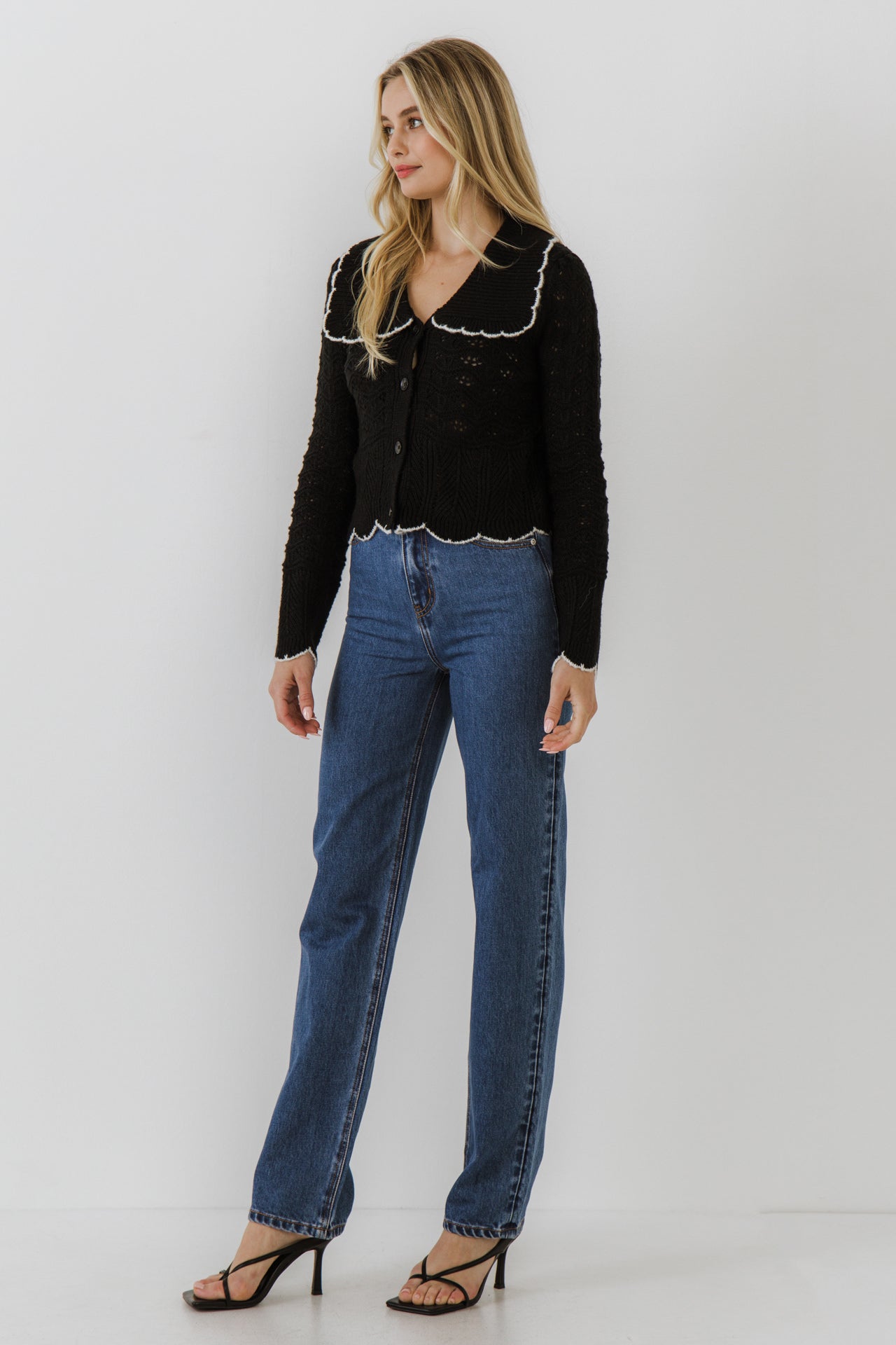 ENDLESS ROSE - Scallop Collared Trim Knit Cardigan - SWEATERS & KNITS available at Objectrare