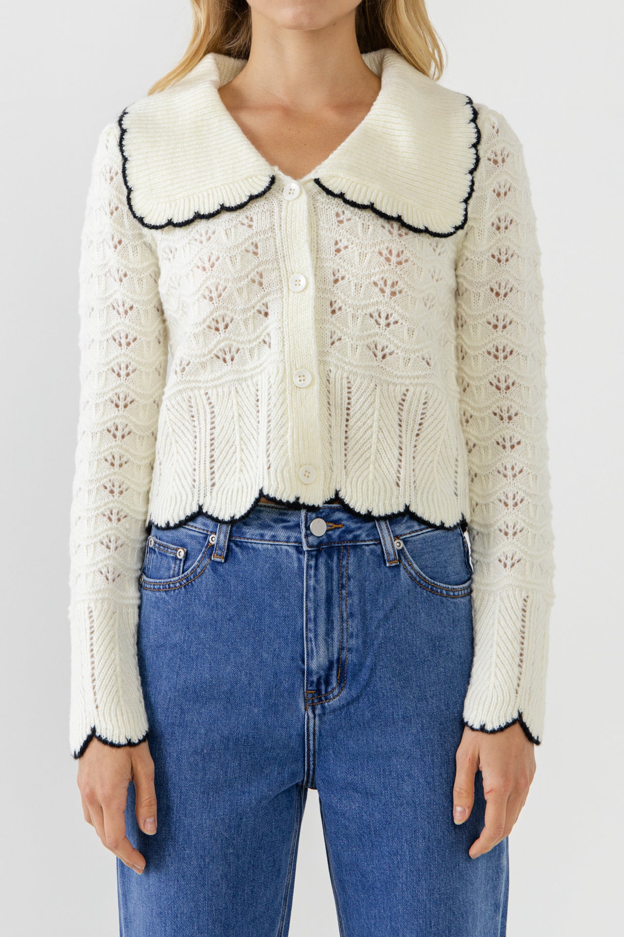 ENDLESS ROSE - Scallop Collared Trim Knit Cardigan - SWEATERS & KNITS available at Objectrare