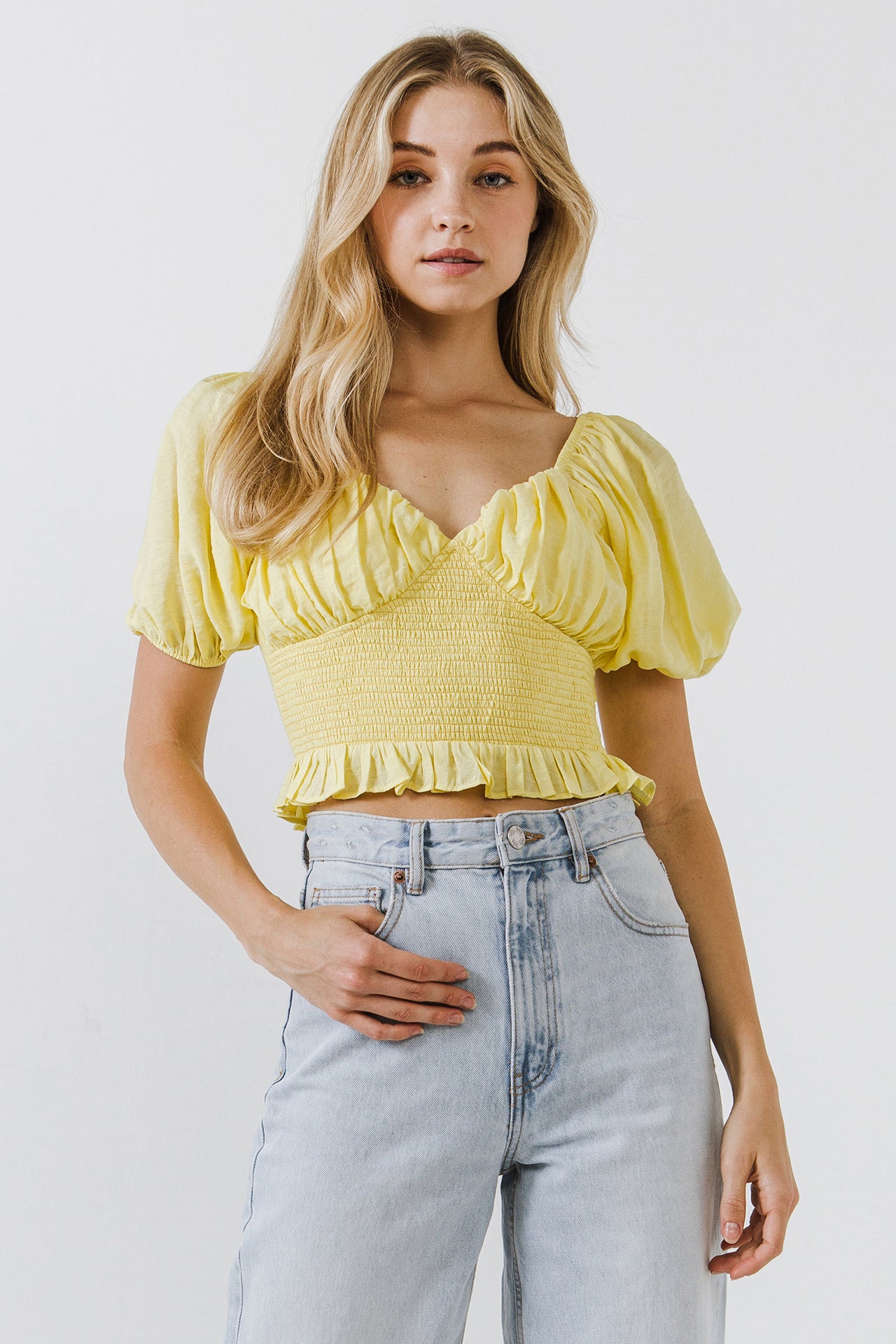 ENDLESS ROSE - Sweetheart Smocked Puff Sleeve Top - TOPS available at Objectrare