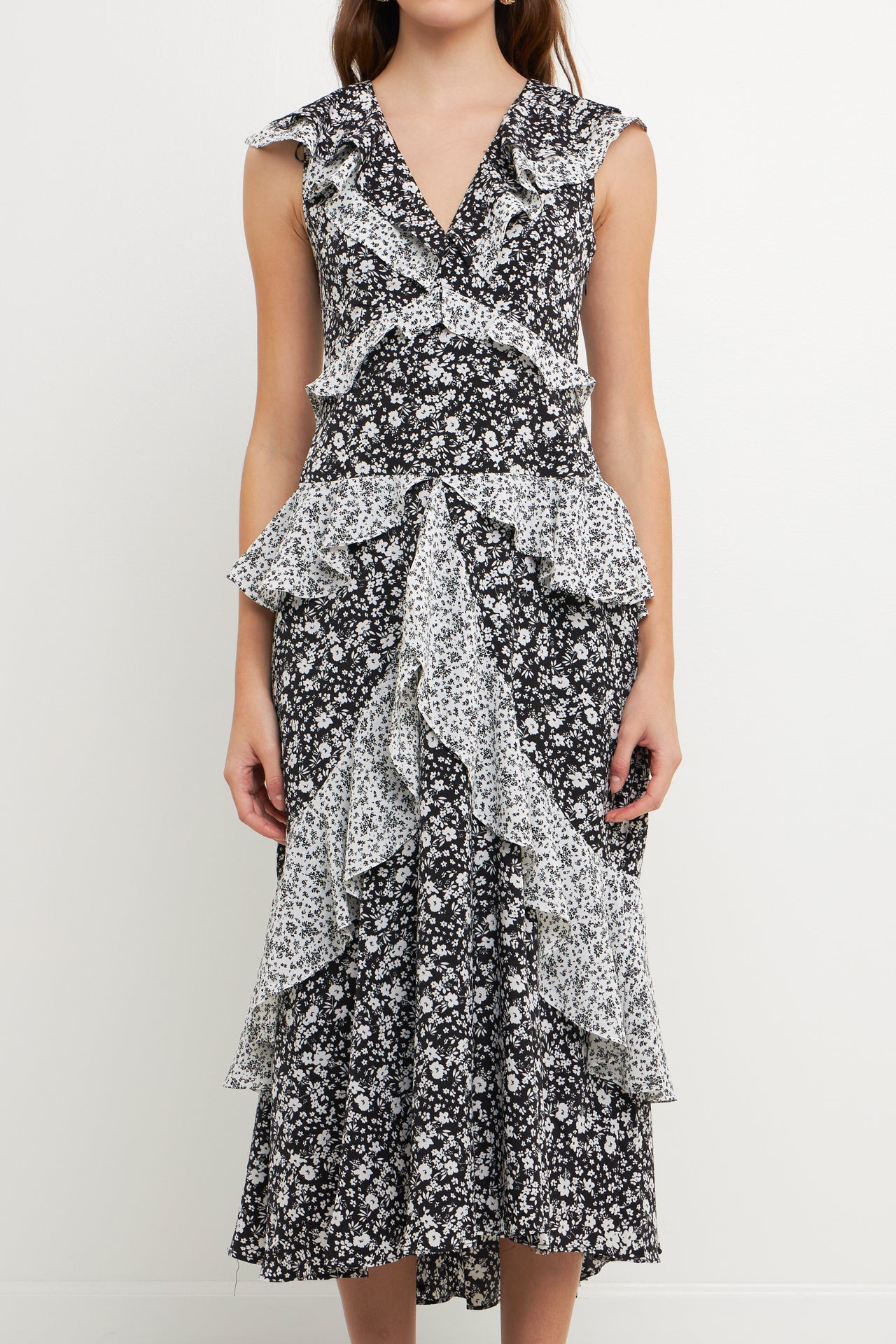 ENDLESS ROSE - Endless Rose - Dot Floral Contrast Midi Ruffle Dress - DRESSES available at Objectrare