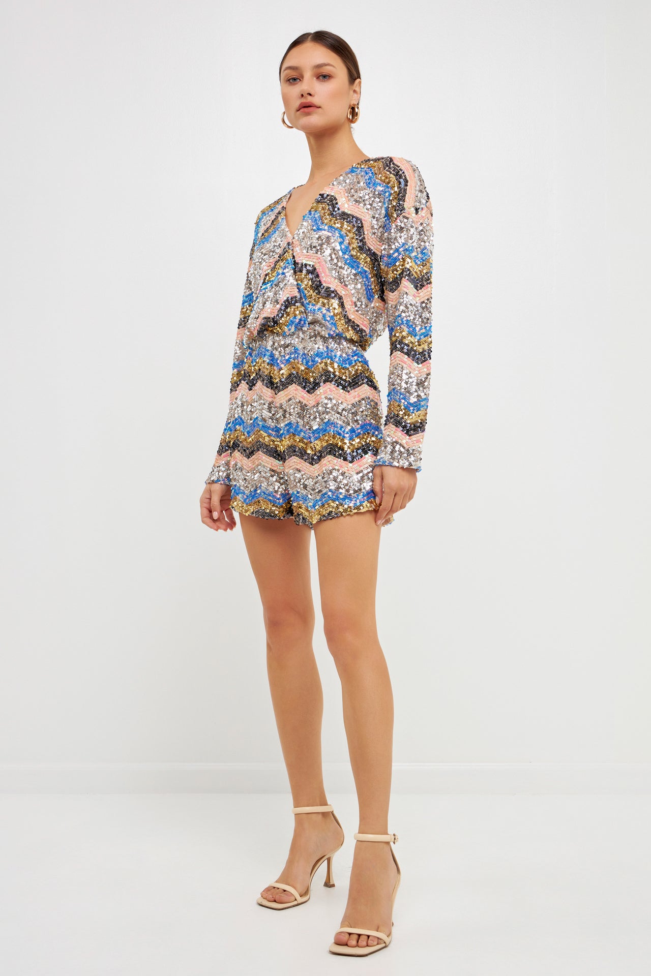 ENDLESS ROSE - Chevron Sequin Romper - ROMPERS available at Objectrare