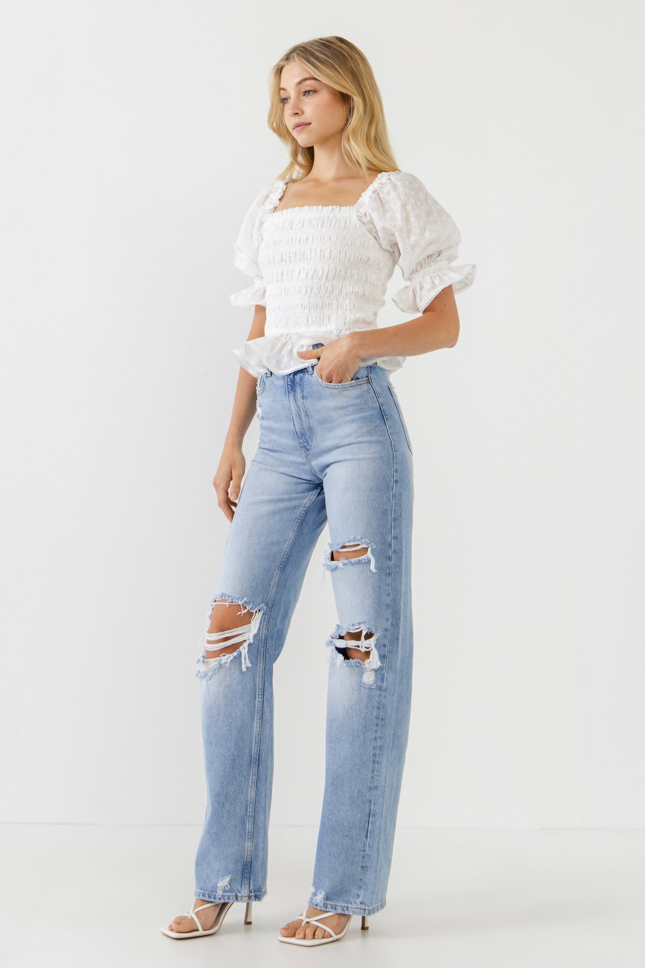 ENDLESS ROSE - All Over Embroidered Lace Smocked Top - TOPS available at Objectrare