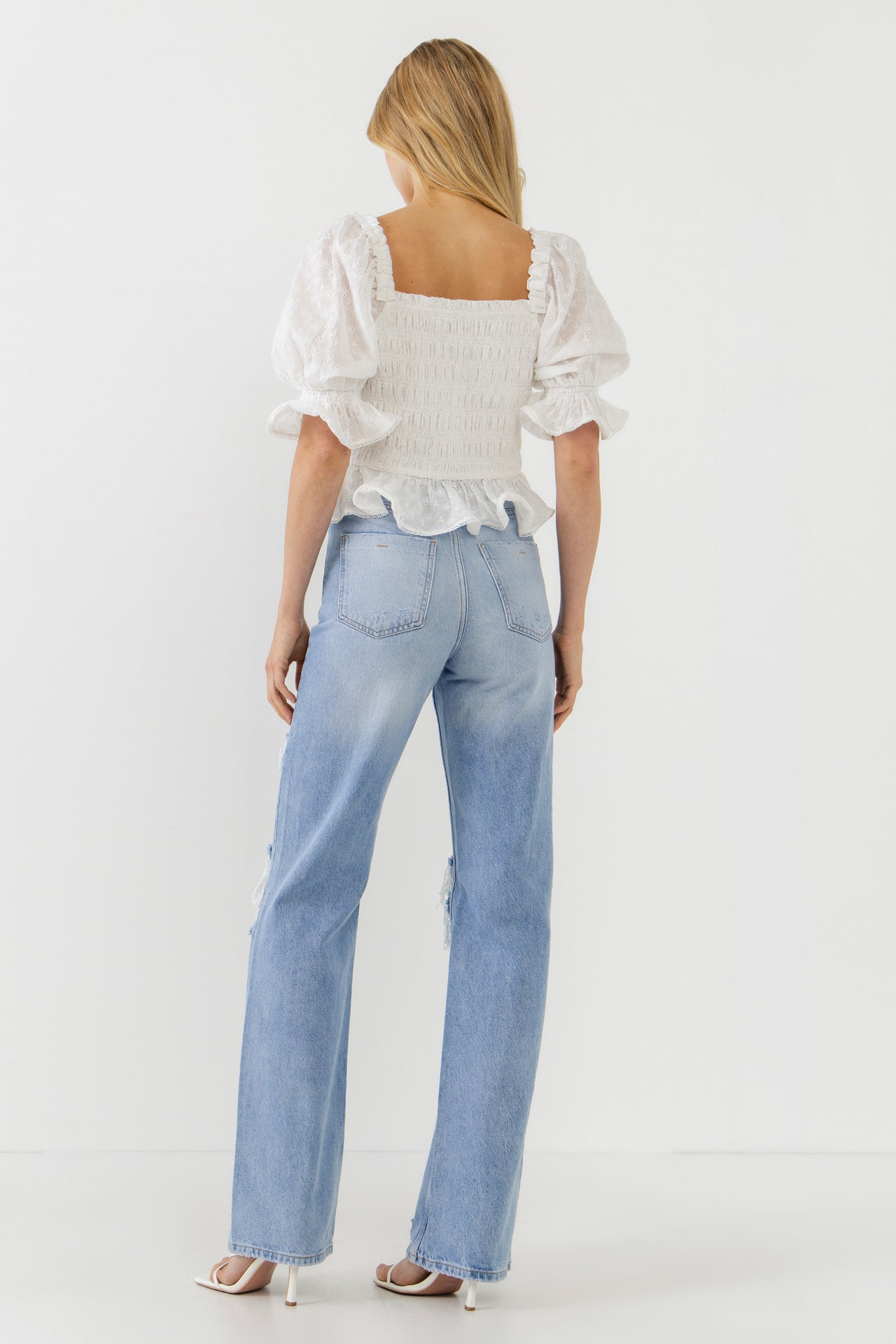 ENDLESS ROSE - All Over Embroidered Lace Smocked Top - TOPS available at Objectrare