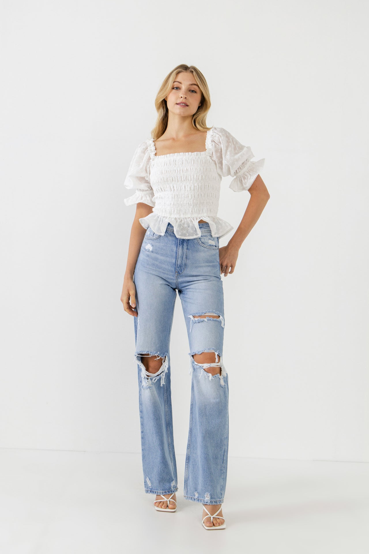ENDLESS ROSE - All Over Embroidered Lace Smocked Top - TOPS available at Objectrare