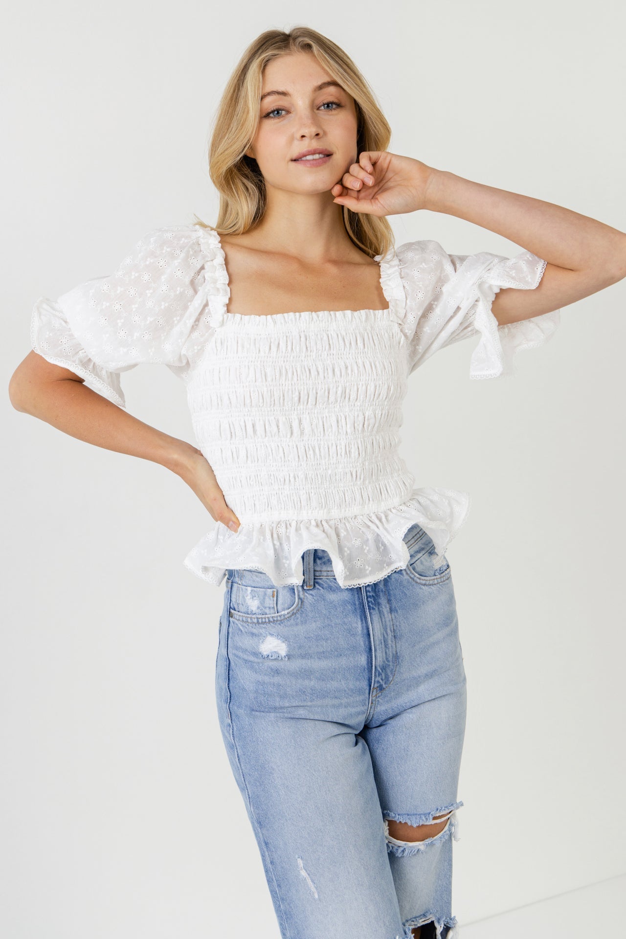 ENDLESS ROSE - All Over Embroidered Lace Smocked Top - TOPS available at Objectrare