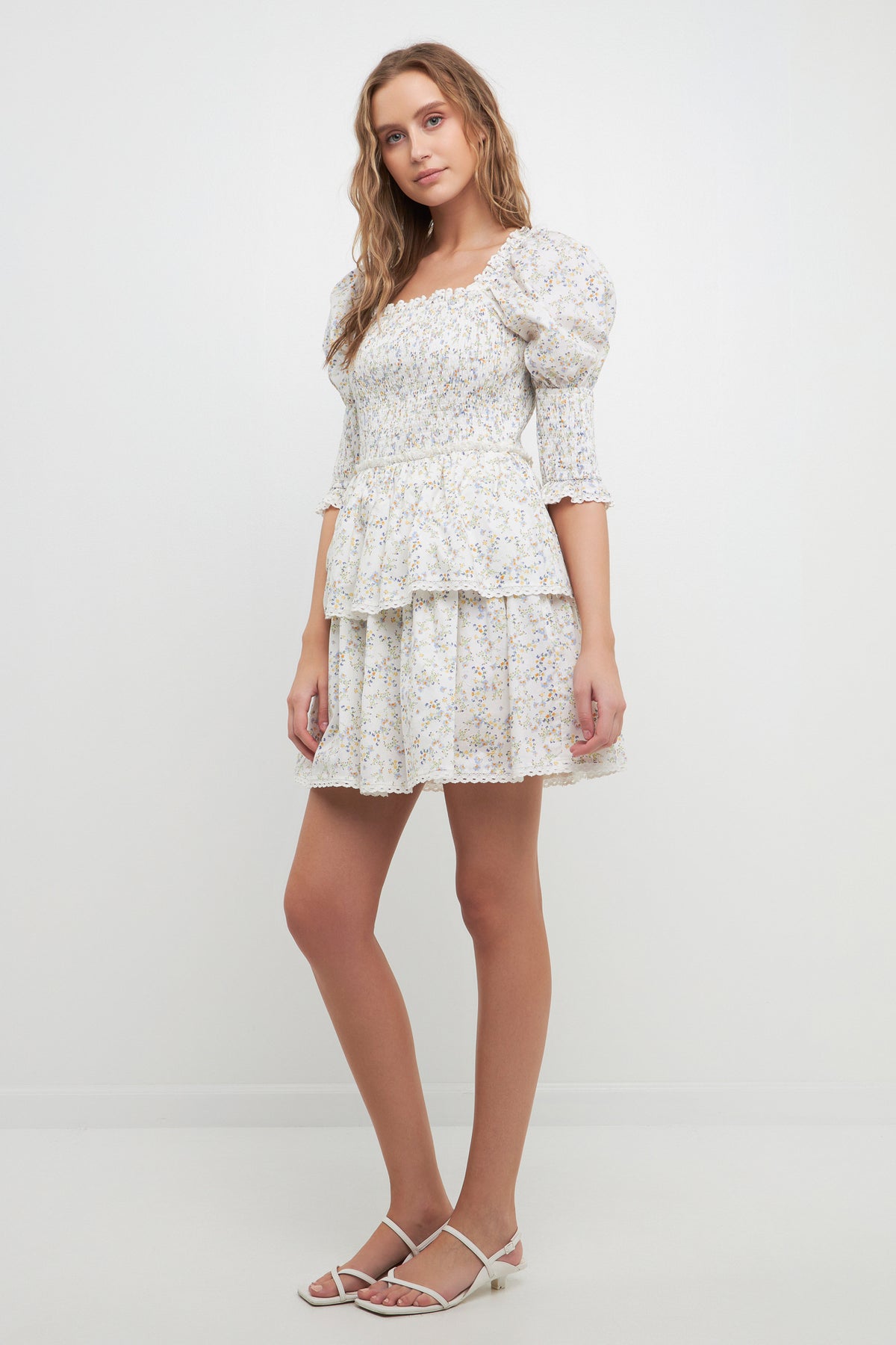 FREE THE ROSES - Lace Trim Floral Print Smocked Sleeve Mini Dress - DRESSES available at Objectrare