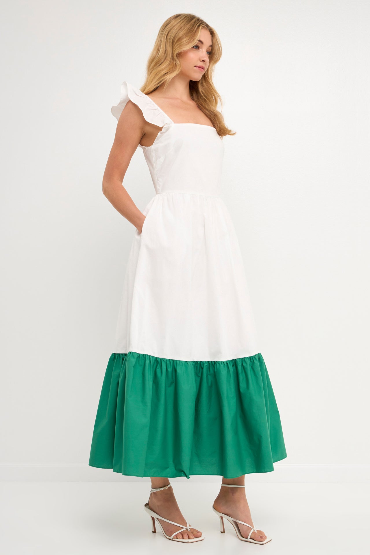 ENGLISH FACTORY - Shoulder Ruffled Poplin Maxi with Accent Colorblock - DRESSES available at Objectrare