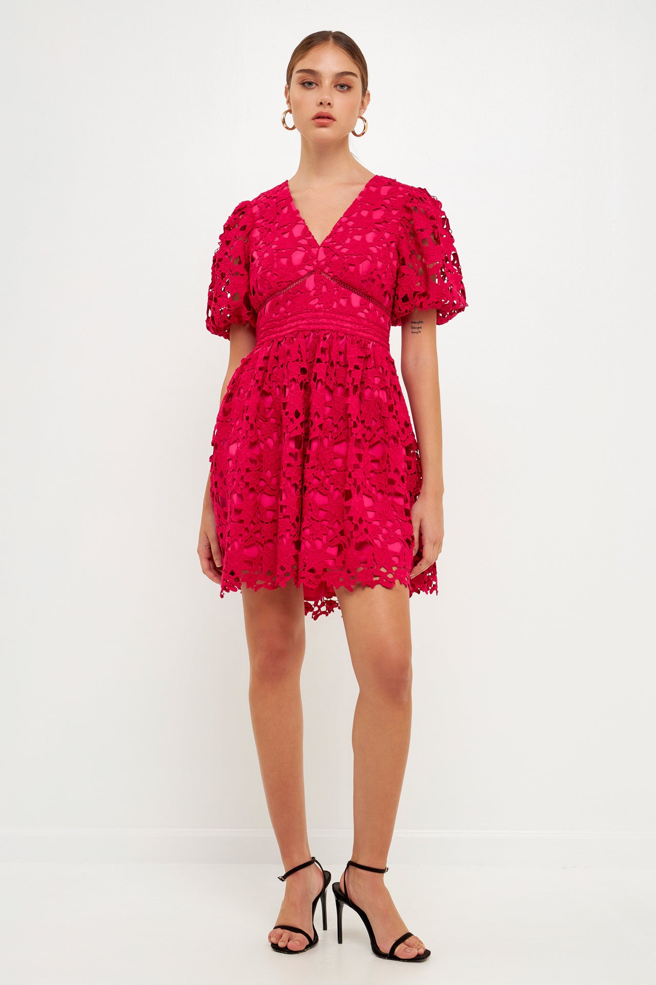 ENDLESS ROSE - Crochet Lace Puff Sleeve Mini Dress - DRESSES available at Objectrare
