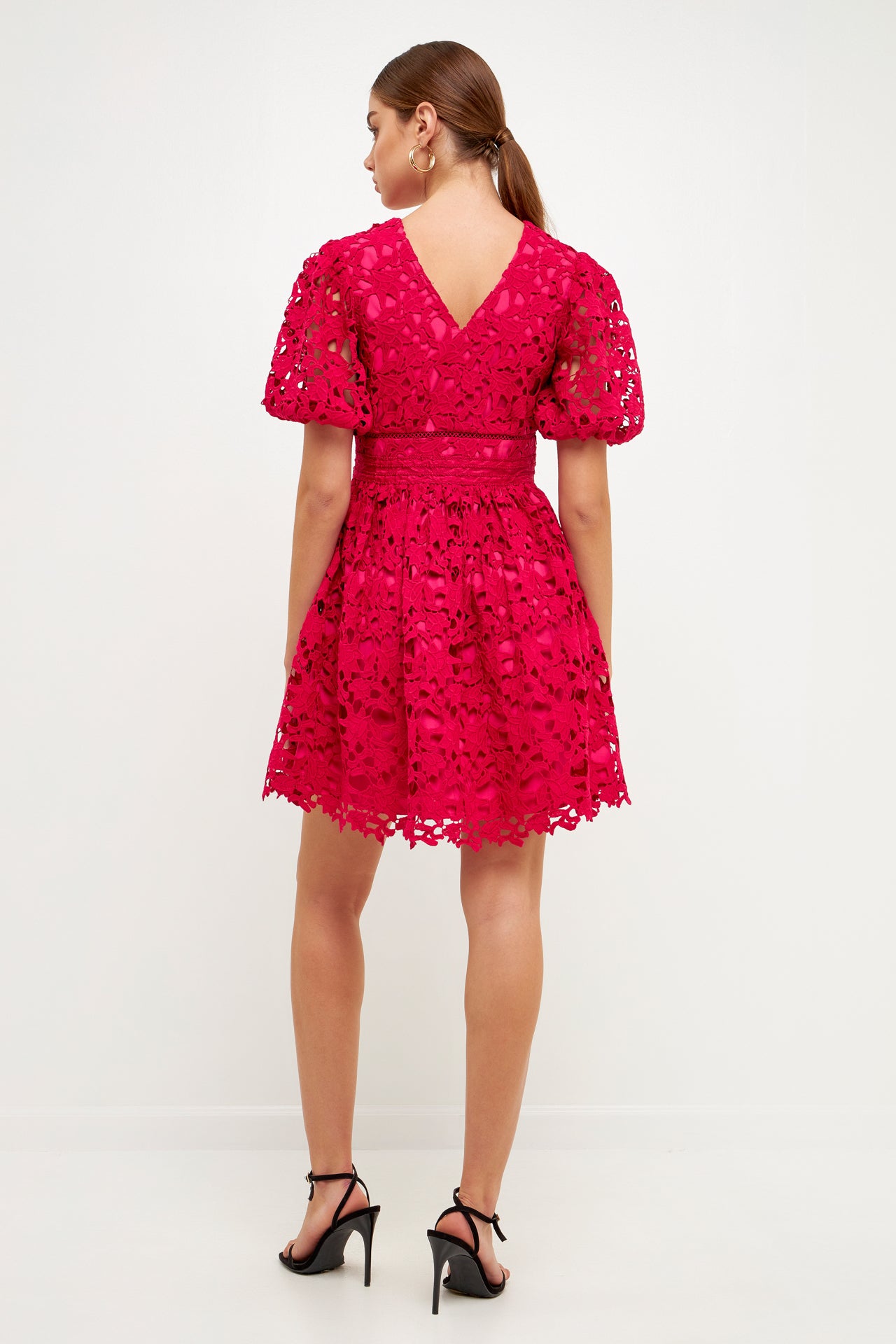 ENDLESS ROSE - Crochet Lace Puff Sleeve Mini Dress - DRESSES available at Objectrare