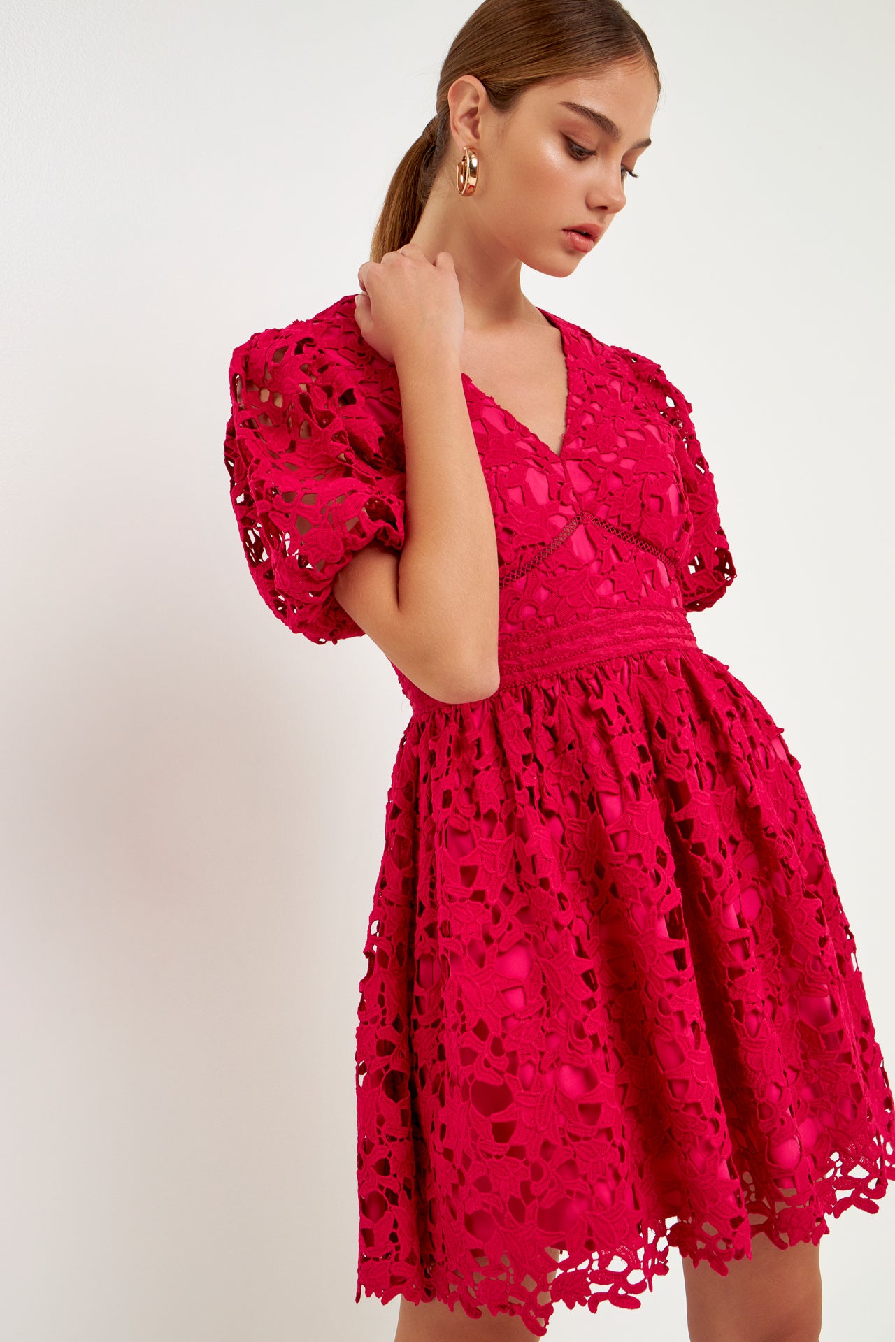 ENDLESS ROSE - Crochet Lace Puff Sleeve Mini Dress - DRESSES available at Objectrare