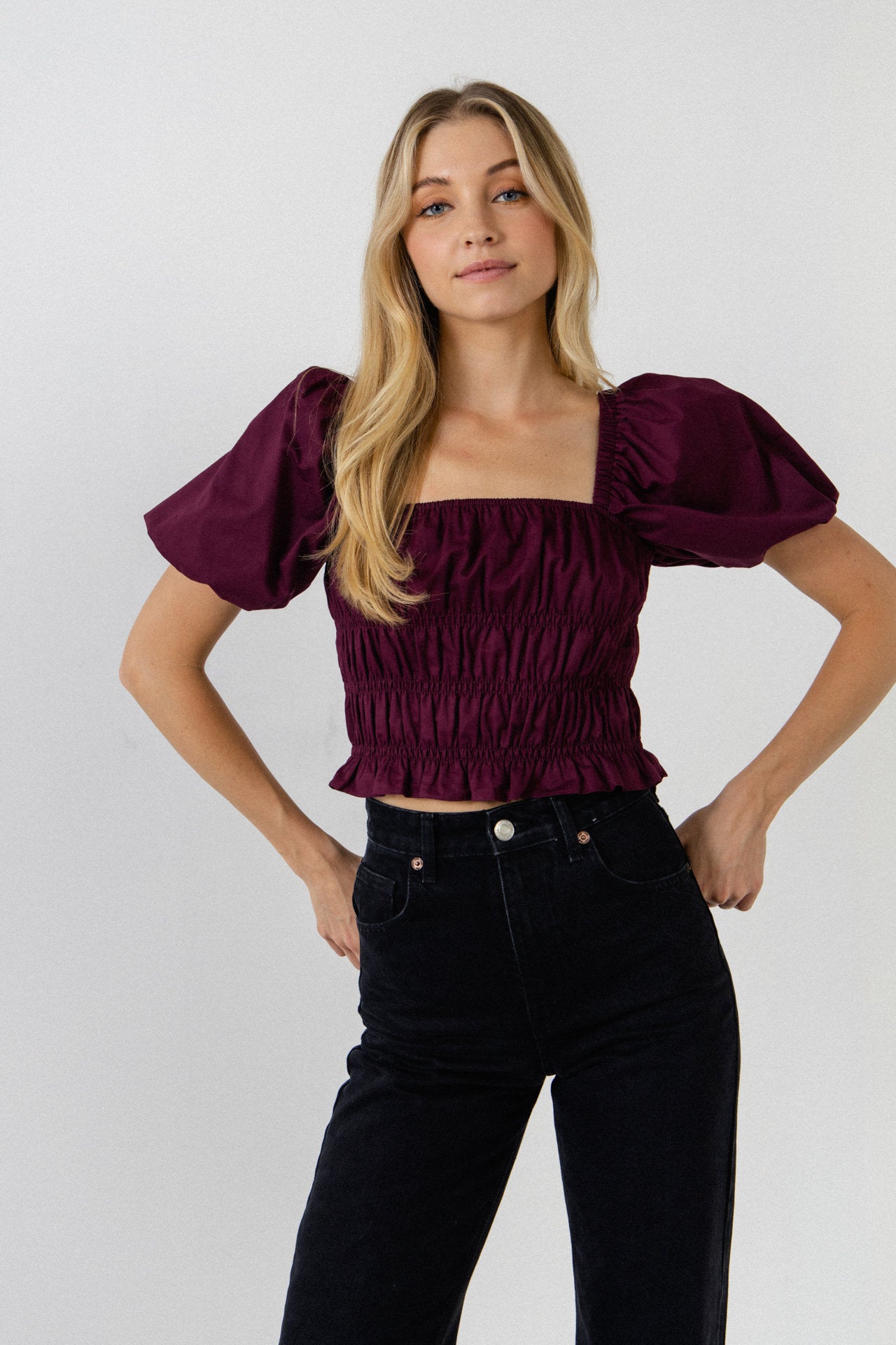 ENDLESS ROSE - Smocking Detail Puff Sleeve Top - TOPS available at Objectrare