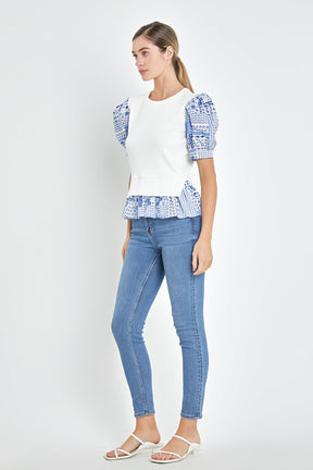 ENGLISH FACTORY - Mixed Media Floral Sleeve Knit Top - TOPS available at Objectrare