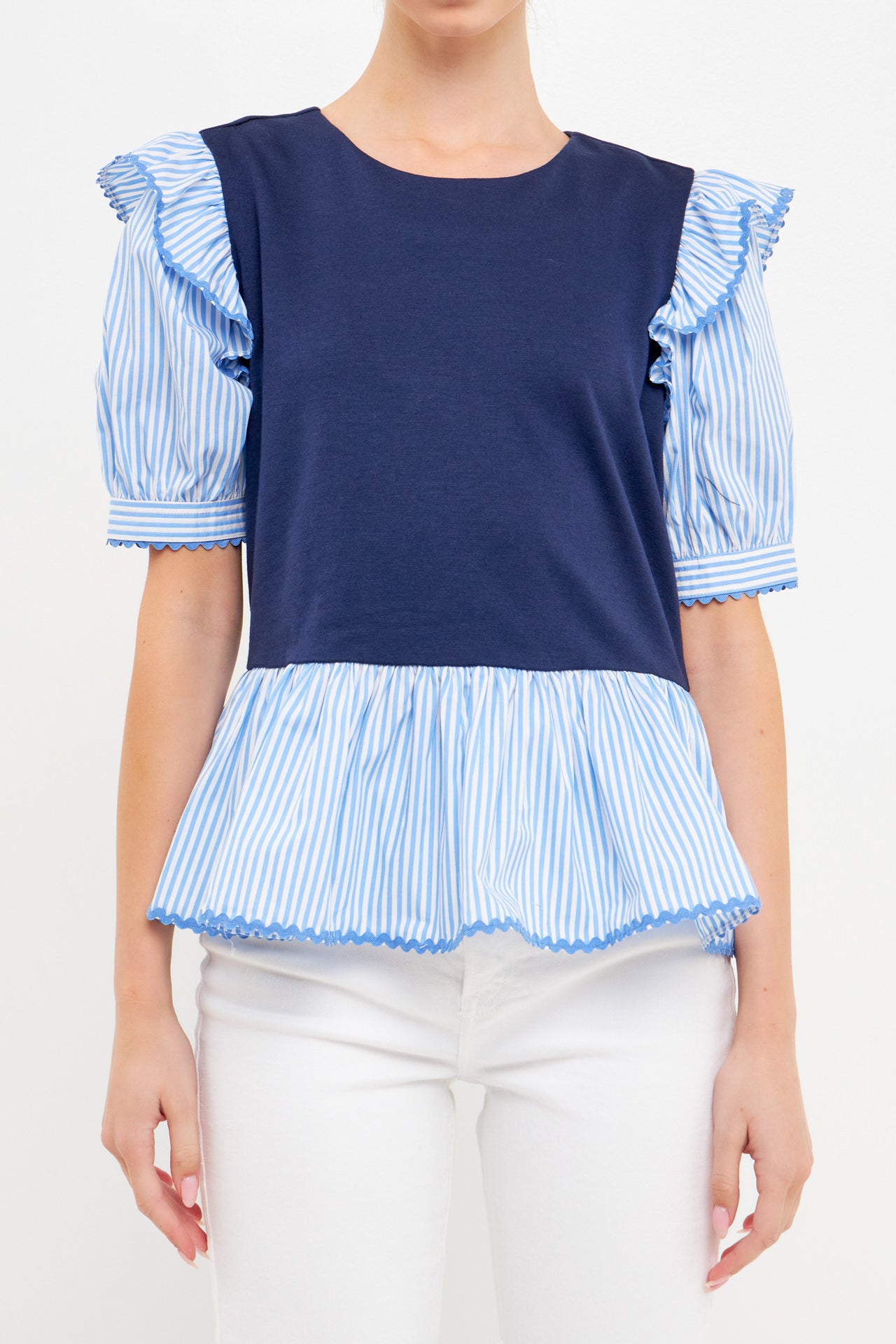 ENGLISH FACTORY - Trim Edge Detail Mixed Media Top - TOPS available at Objectrare